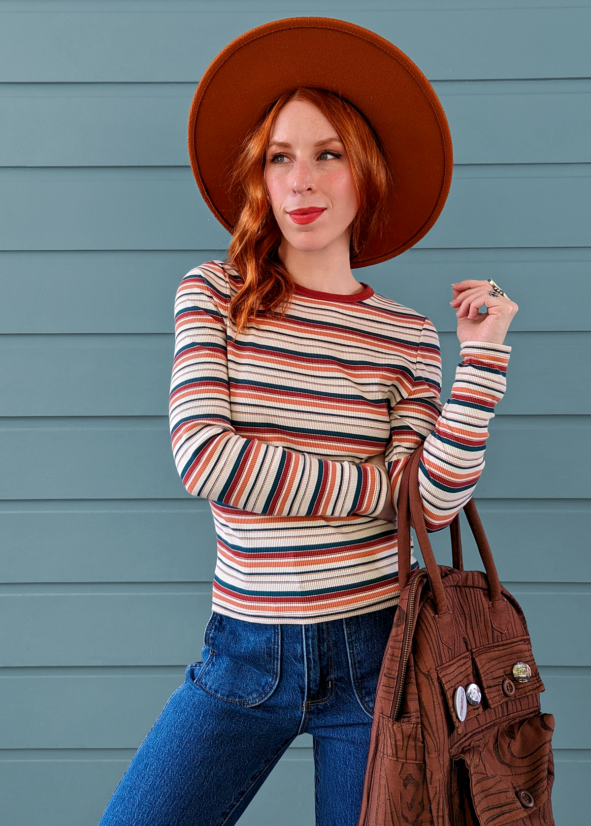 70s inspired long sleeve rib ringer tee with white, brick red, and teal stripe by Rolla's Jeans