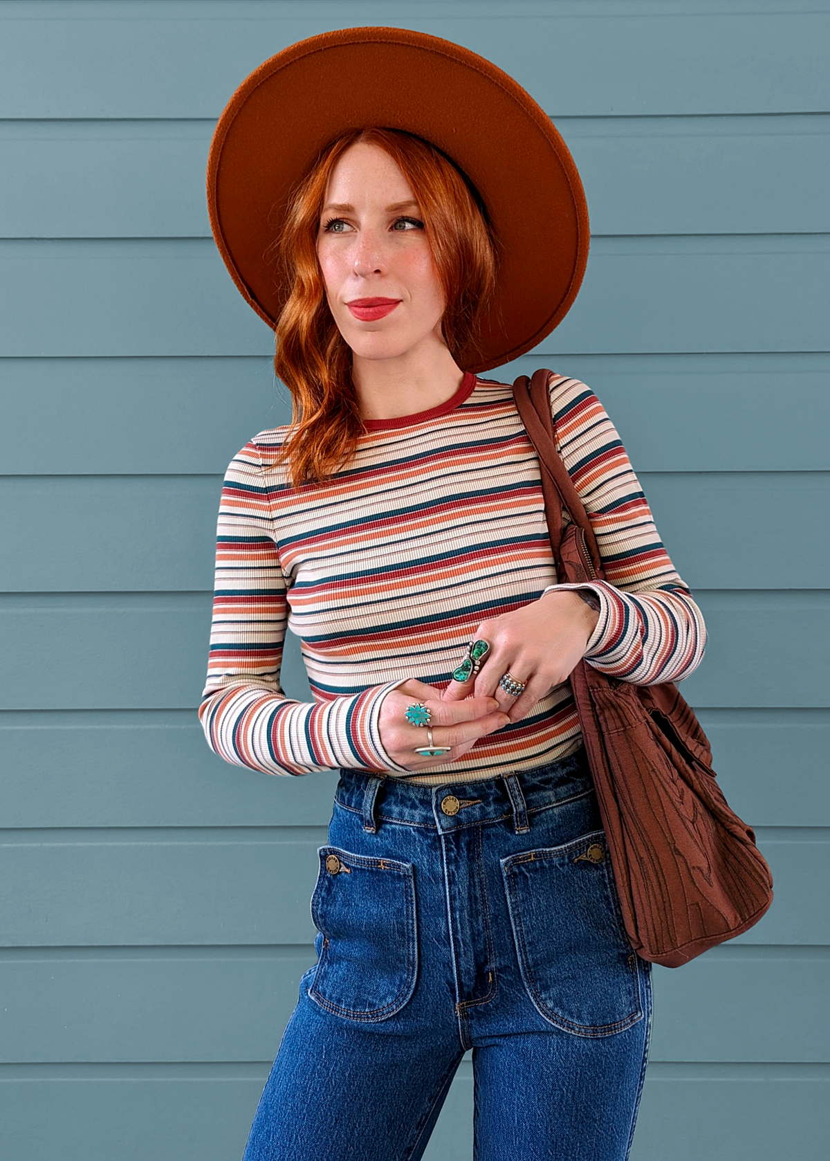 70s inspired long sleeve rib ringer tee with white, brick red, and teal stripe by Rolla's Jeans