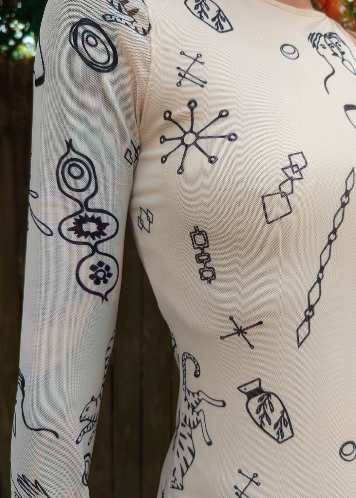 Doodle Print Cream Mesh Long Sleeve Midi Maxi Dress by Another Girl. Sustainably and ethically made with recycled fabrics 