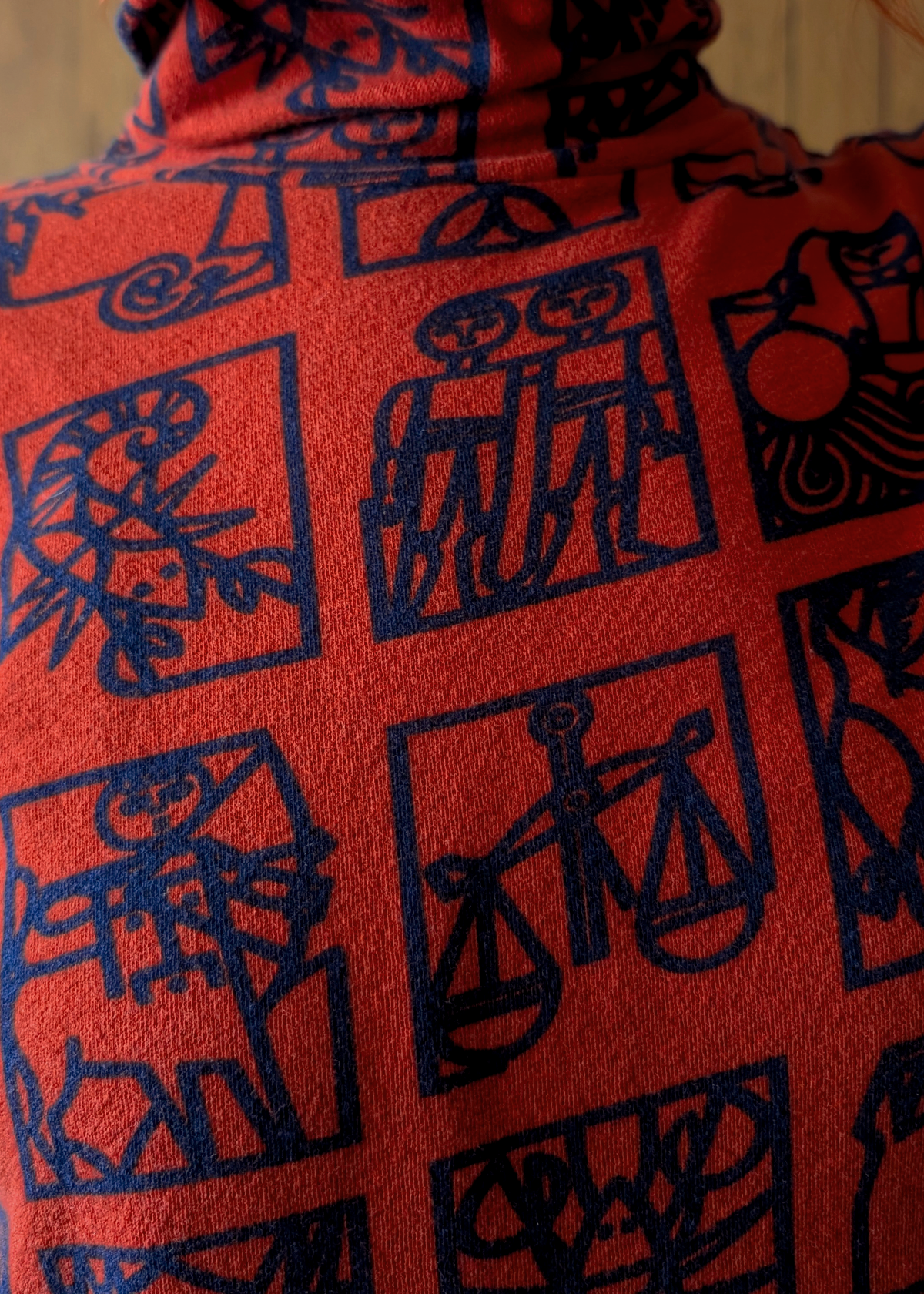 details of a red zodiac-patterned long-sleeve top