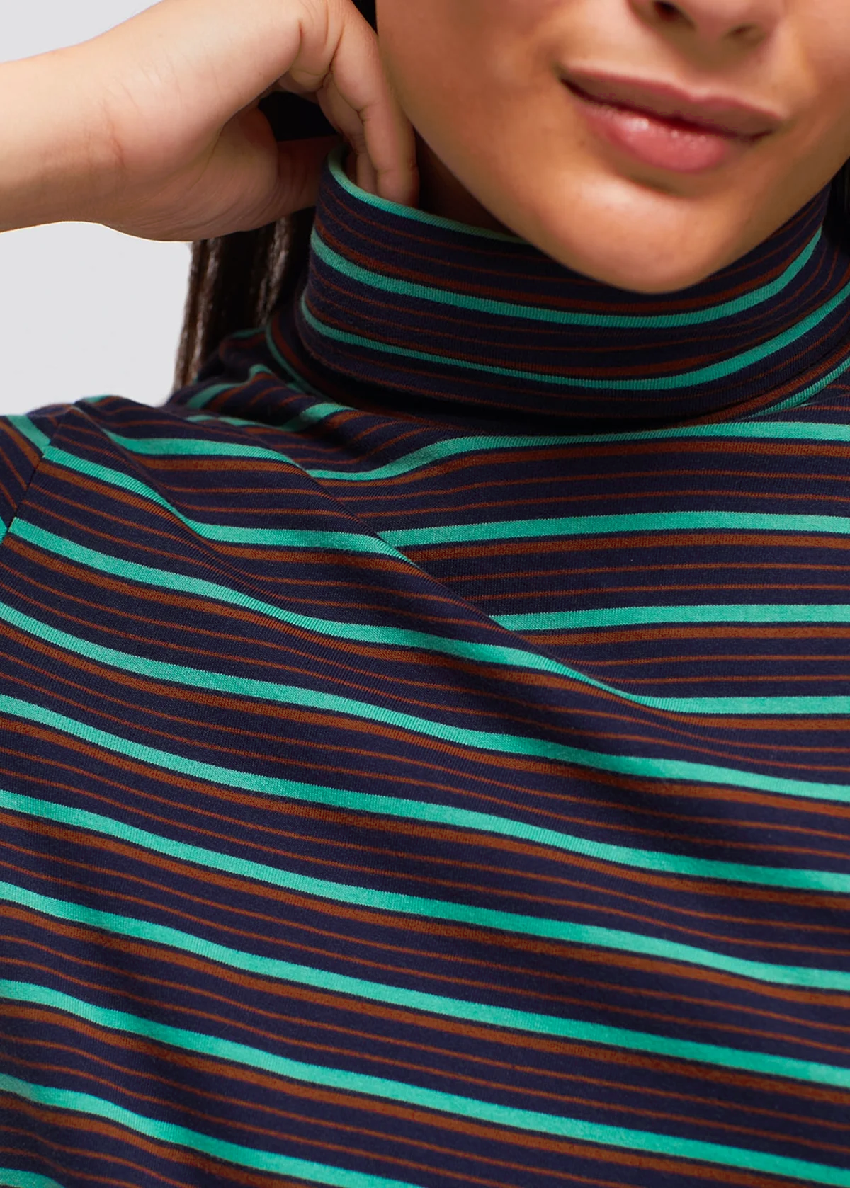 70s inspired slouchy fit long sleeve cotton turtleneck tee with brown, navy, and teal stripes, by Nice Things by Paloma S