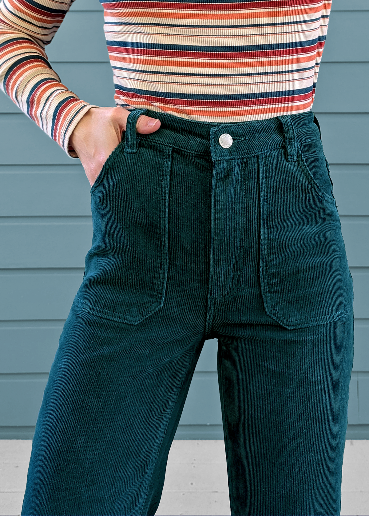 70s inspired Forest Green Teal Blue Corduroy Eastcoast Flares with high rise waist by Rolla's Jeans
