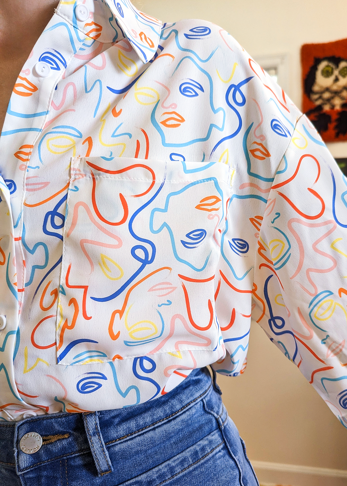 80s style abstract faces oversized collared button down shirt in multi-color print by Glamorous UK