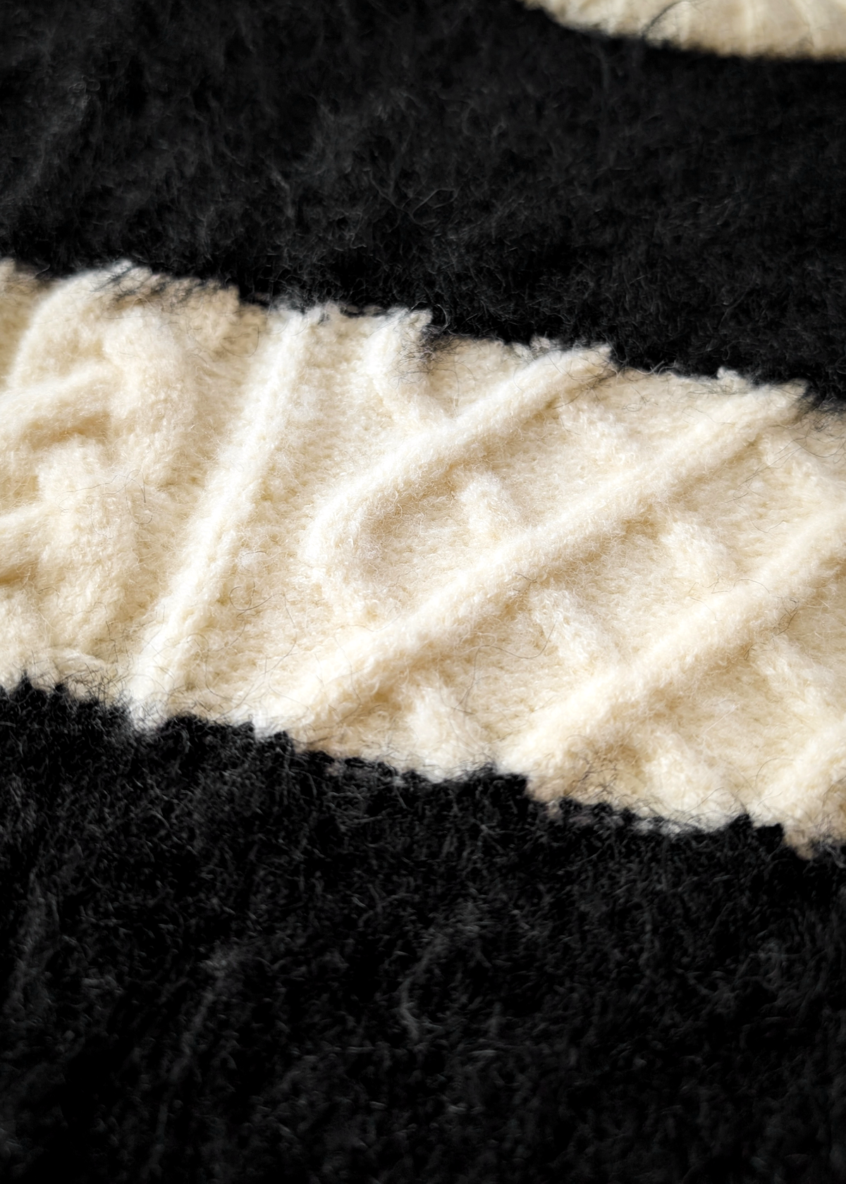 Close-up of black and cream textured sweater