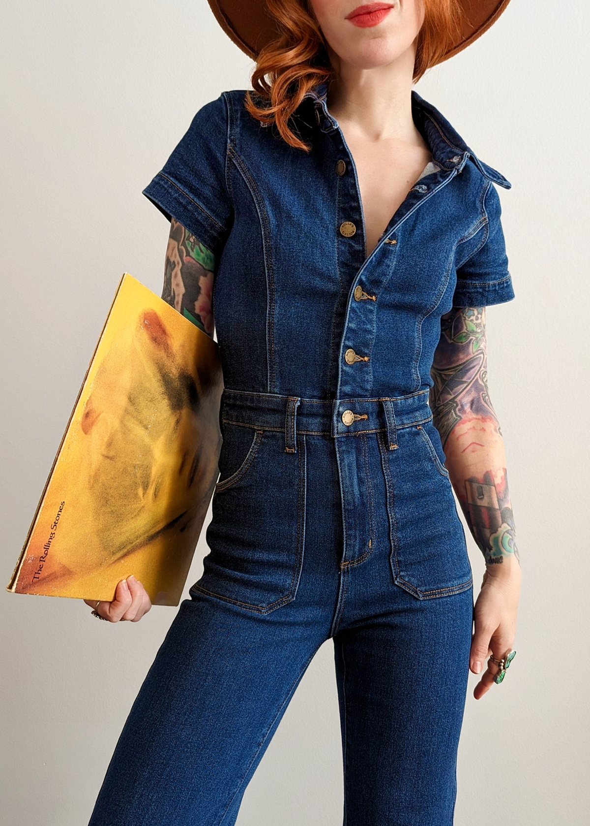 70s inspired stretch blue denim Eastcoast Flare Jumpsuit with collar and button front by Rolla's Jeans