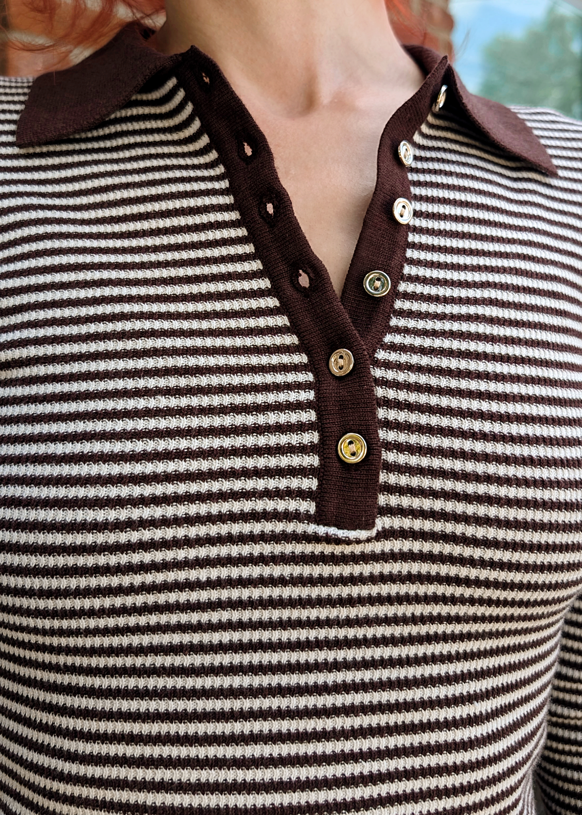 Chocolate Brown Stripe Lady Long Sleeve Rib Polo Shirt By Rolla's Chocolate Brown Stripe Lady Long Sleeve Rib Polo Shirt By Rolla's