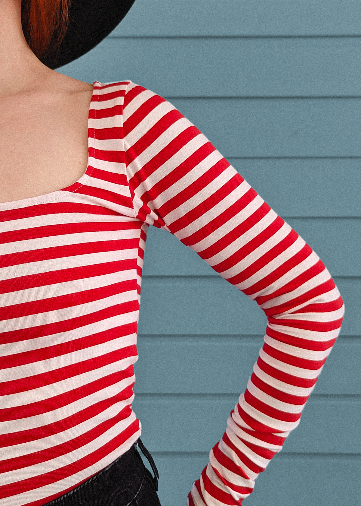 80s style red and white horizontal stripe square neck long sleeve tee by Motel Rocks