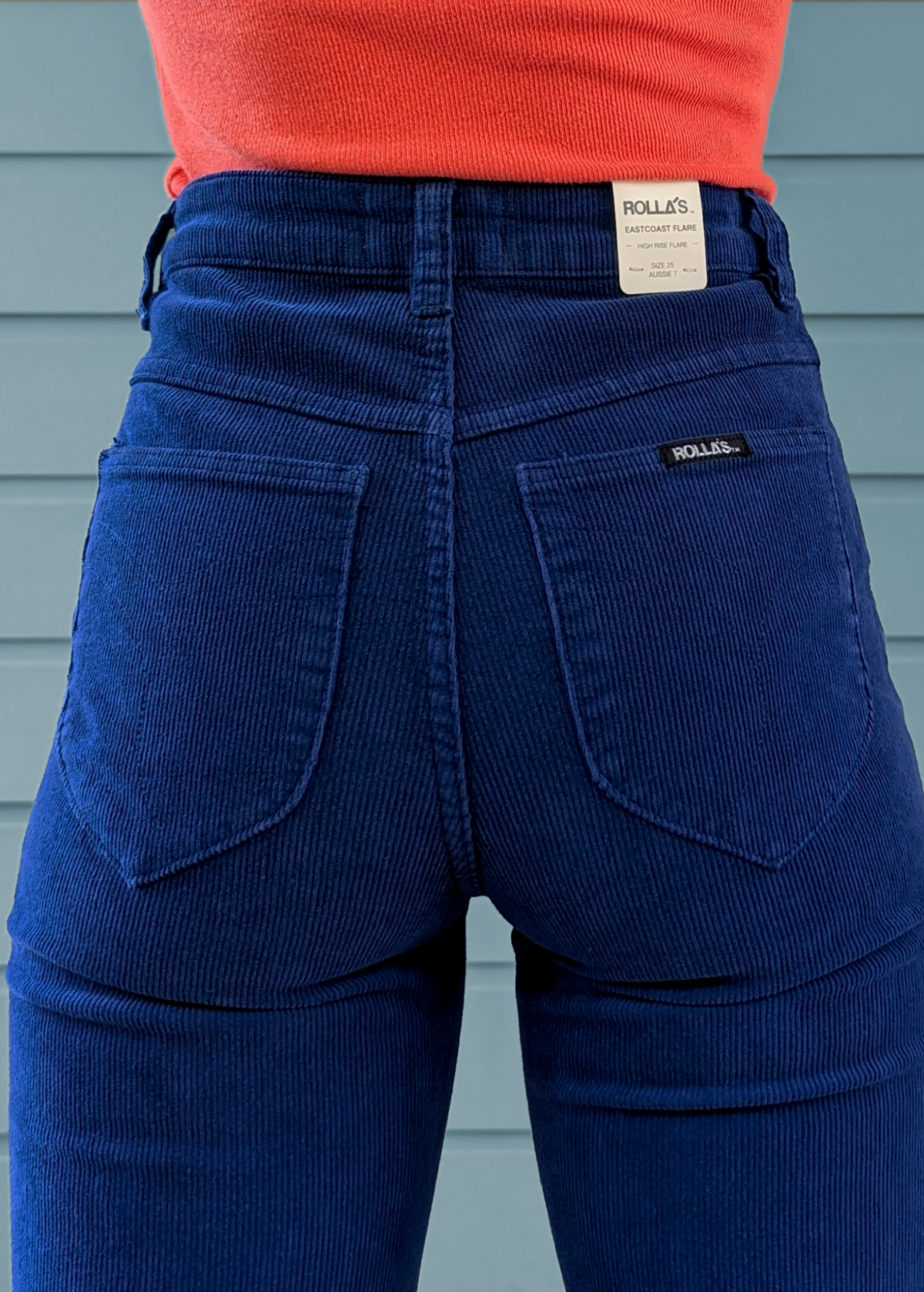 Rolla's Jeans Marine Blue Corduroy Eastcoast Flare: 70s inspired bell bottoms with a high rise waist, velvety soft thin wale corduroy, and a flare leg.