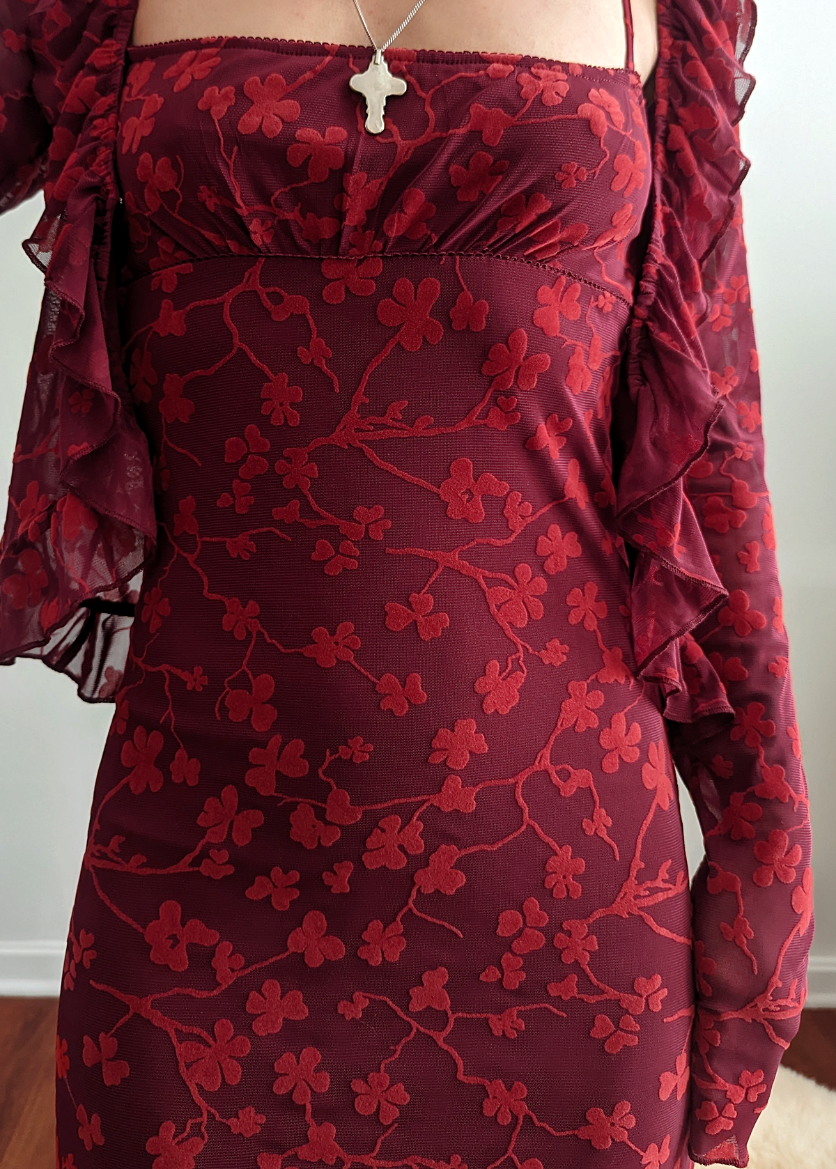 90s inspired burgundy red slinky mesh and flocked floral velvet maxi slip dress by Motel Rocks