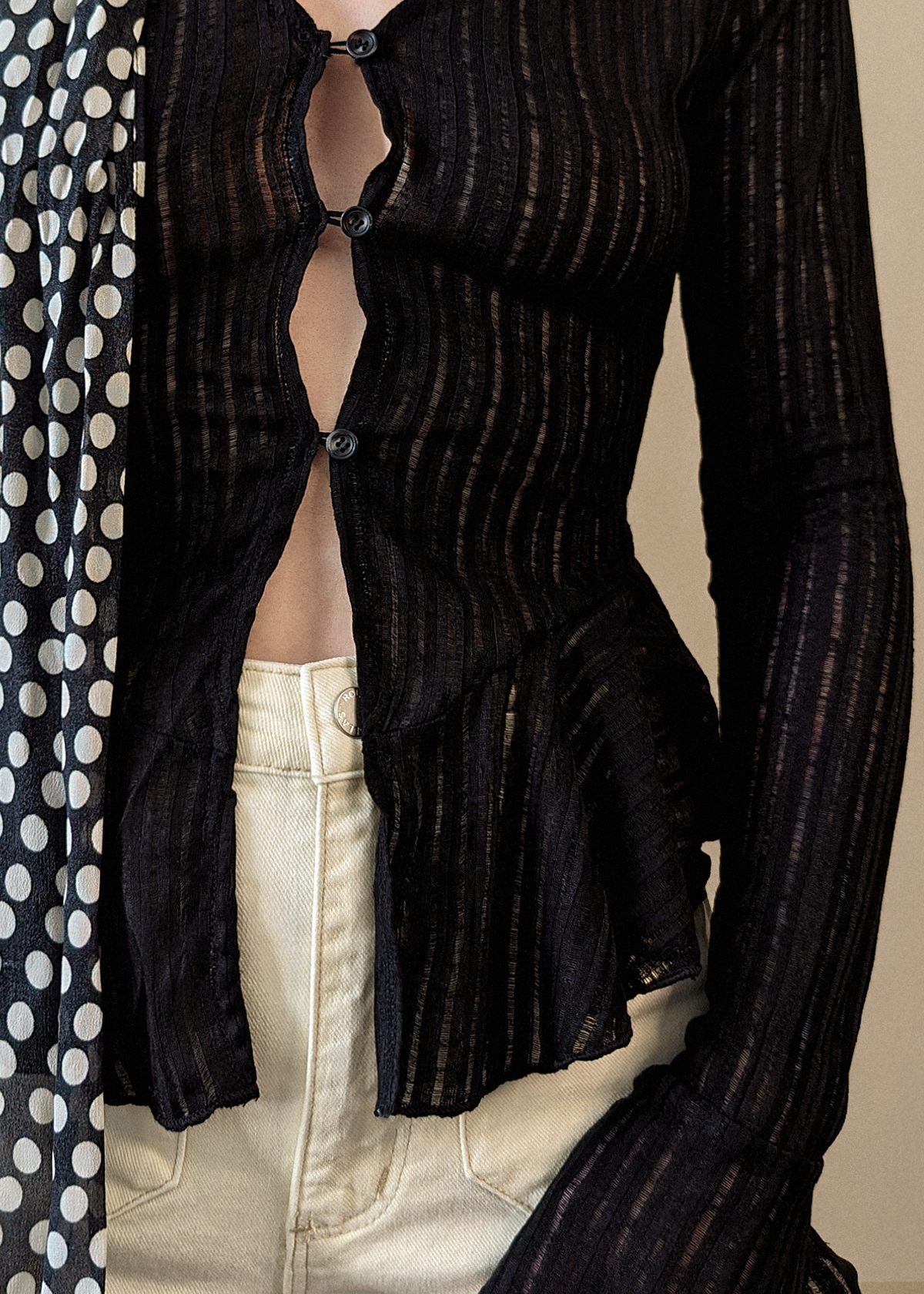 Motel Rocks Black Sheer Woven Knit Cardigan with a deep v neckline, button front, and fluted bell sleeves