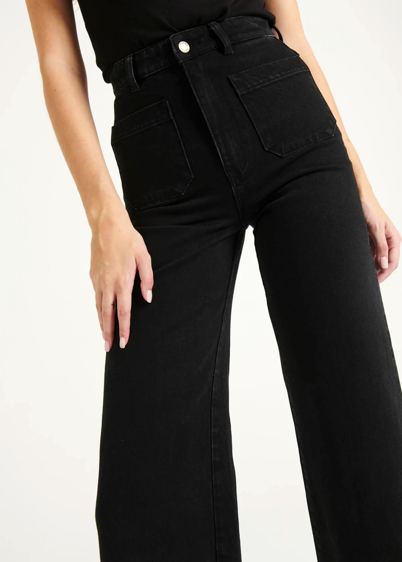 70s inspired Jet Black Stretch Denim Sailor Wide Leg Crop Ankle Length Denim Jean with patch front pockets and high rise waist by Rolla's Jeans