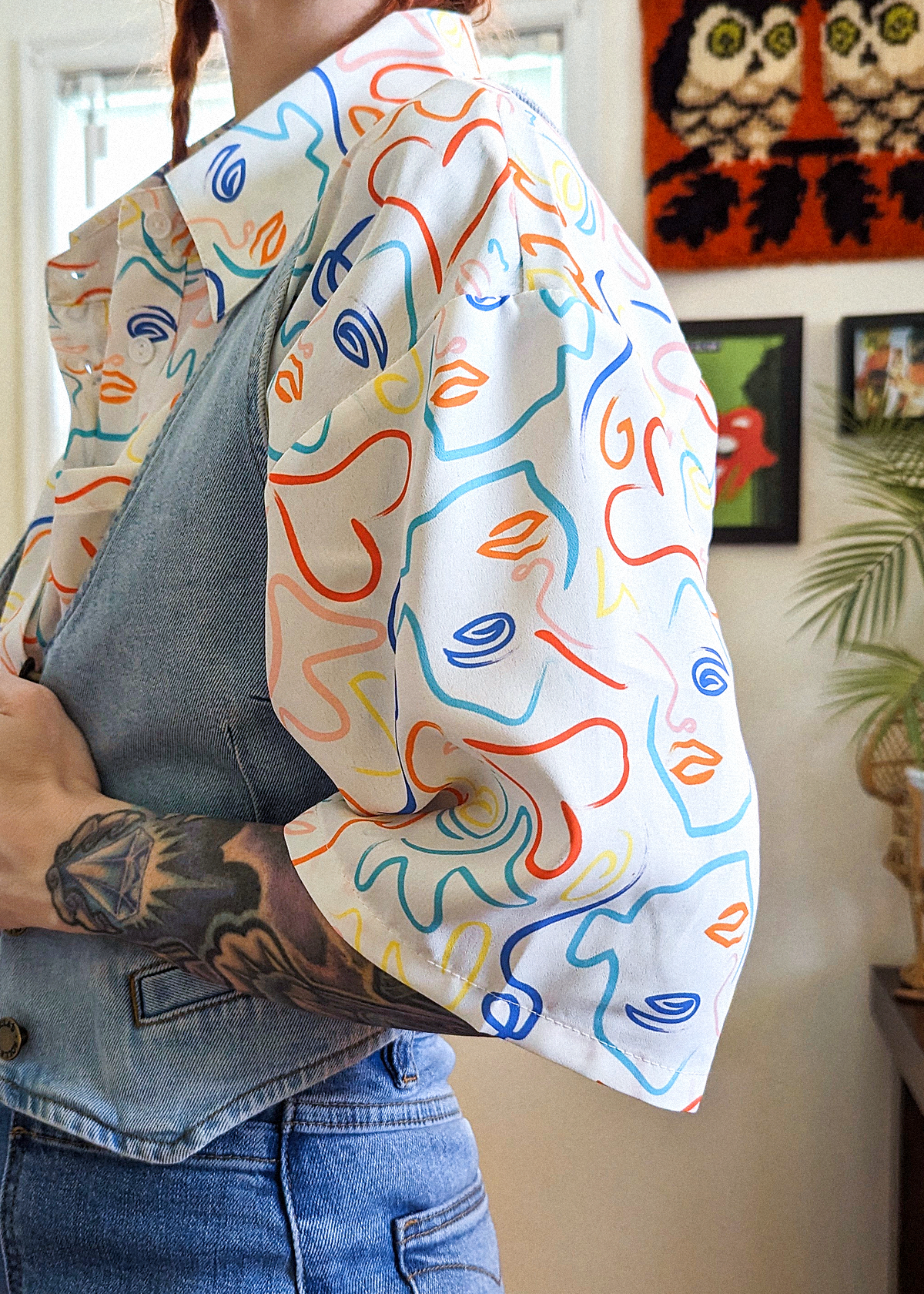 80s style abstract faces oversized collared button down shirt in multi-color print by Glamorous UK