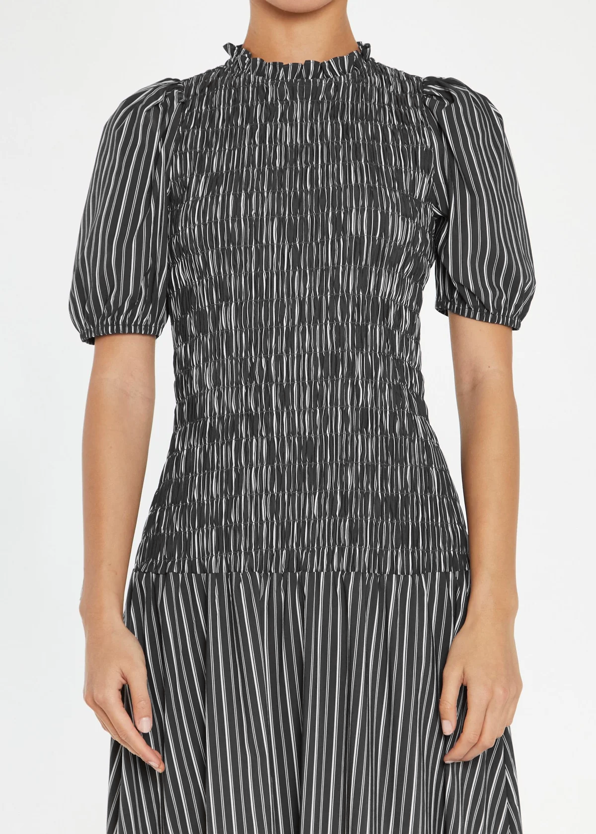 Winter River Grey Stripe Puff Sleeve Prairie Midi Maxi Dress by Glamorous Black Salt Winter River Grey Stripe Puff Sleeve Prairie Midi Maxi Dress by Glamorous Black Salt
