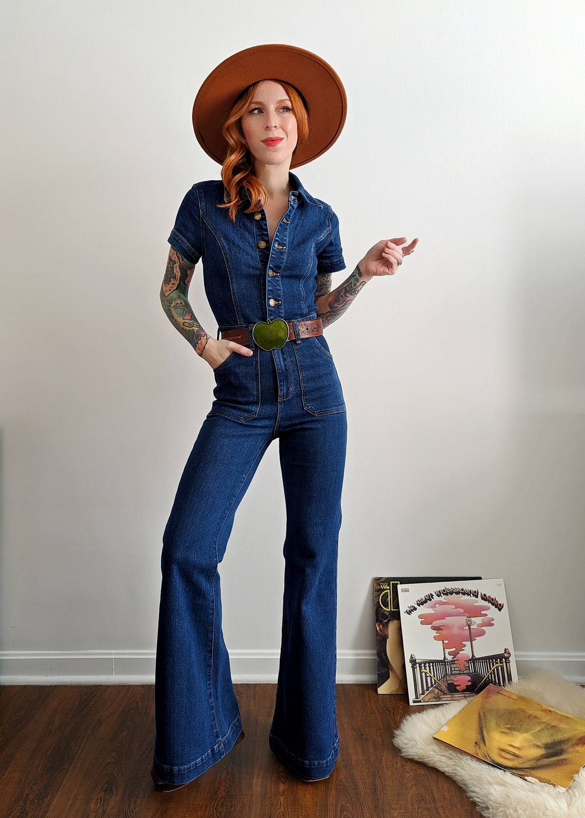 70s inspired stretch blue denim Eastcoast Flare Jumpsuit with collar and button front by Rolla's Jeans