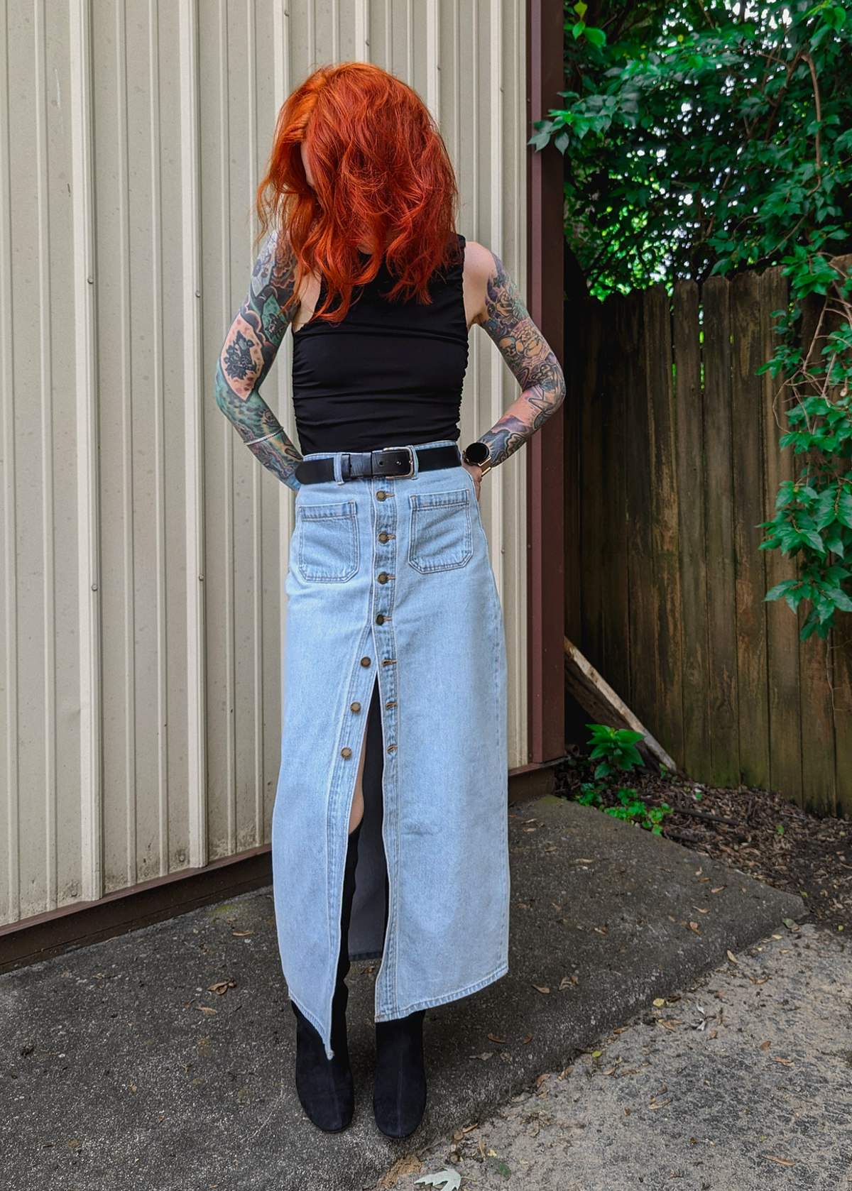 Light Vintage Blue Denim Midi-Maxi Sailor Skirt