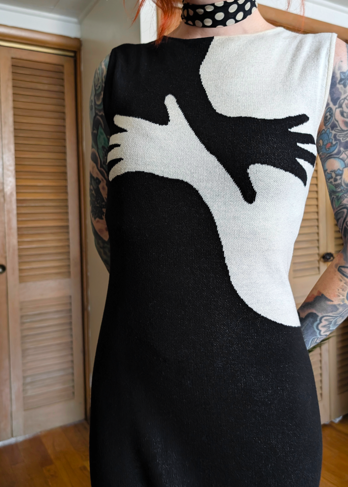 Another Girl black and ivory handsy hand print organic cotton knit midi dress - close up details of fabric