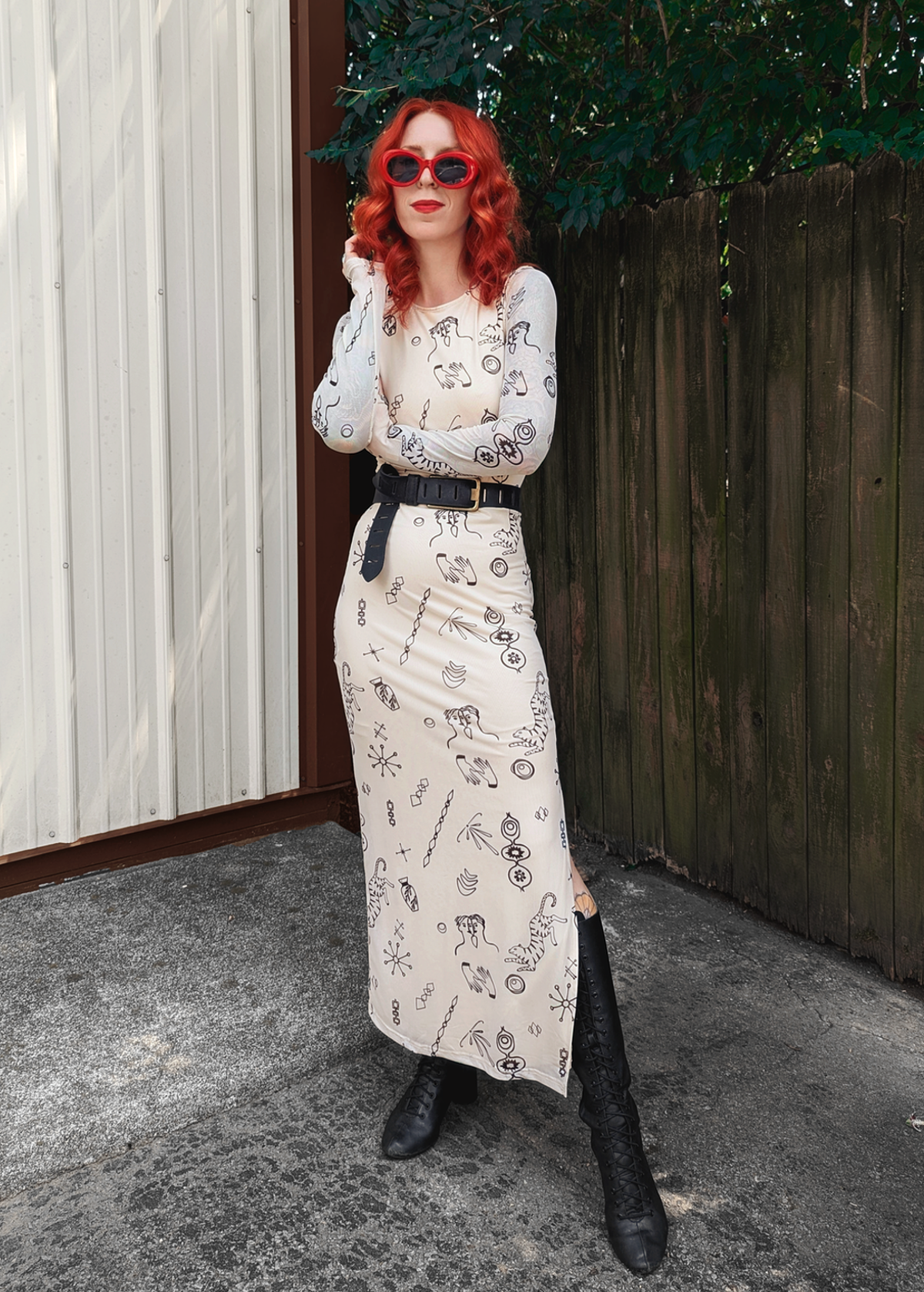 Doodle Print White and Black Long Sleeve Mesh Midi-Maxi Dress by Another Girl Xs Doodle Print White and Black Long Sleeve Mesh Midi-Maxi Dress by Another Girl Xs