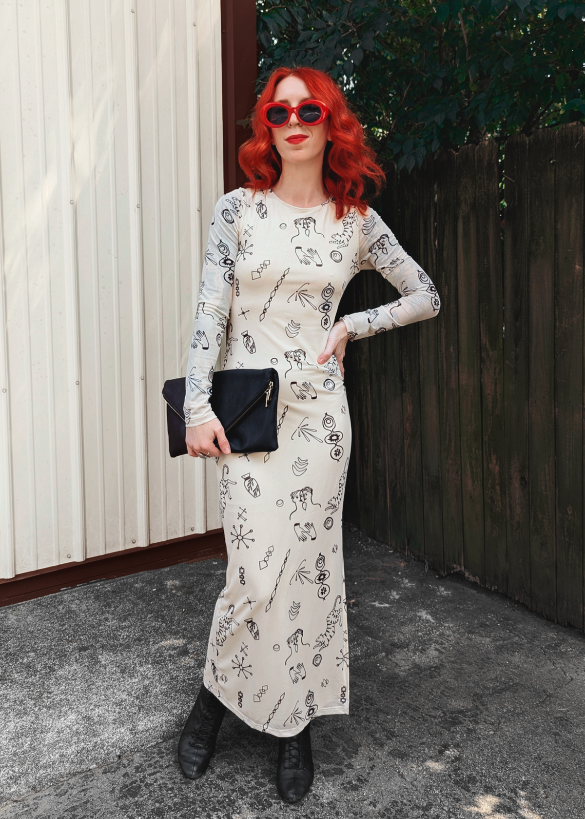 Doodle Print Cream Mesh Long Sleeve Midi Maxi Dress by Another Girl. Sustainably and ethically made with recycled fabrics 