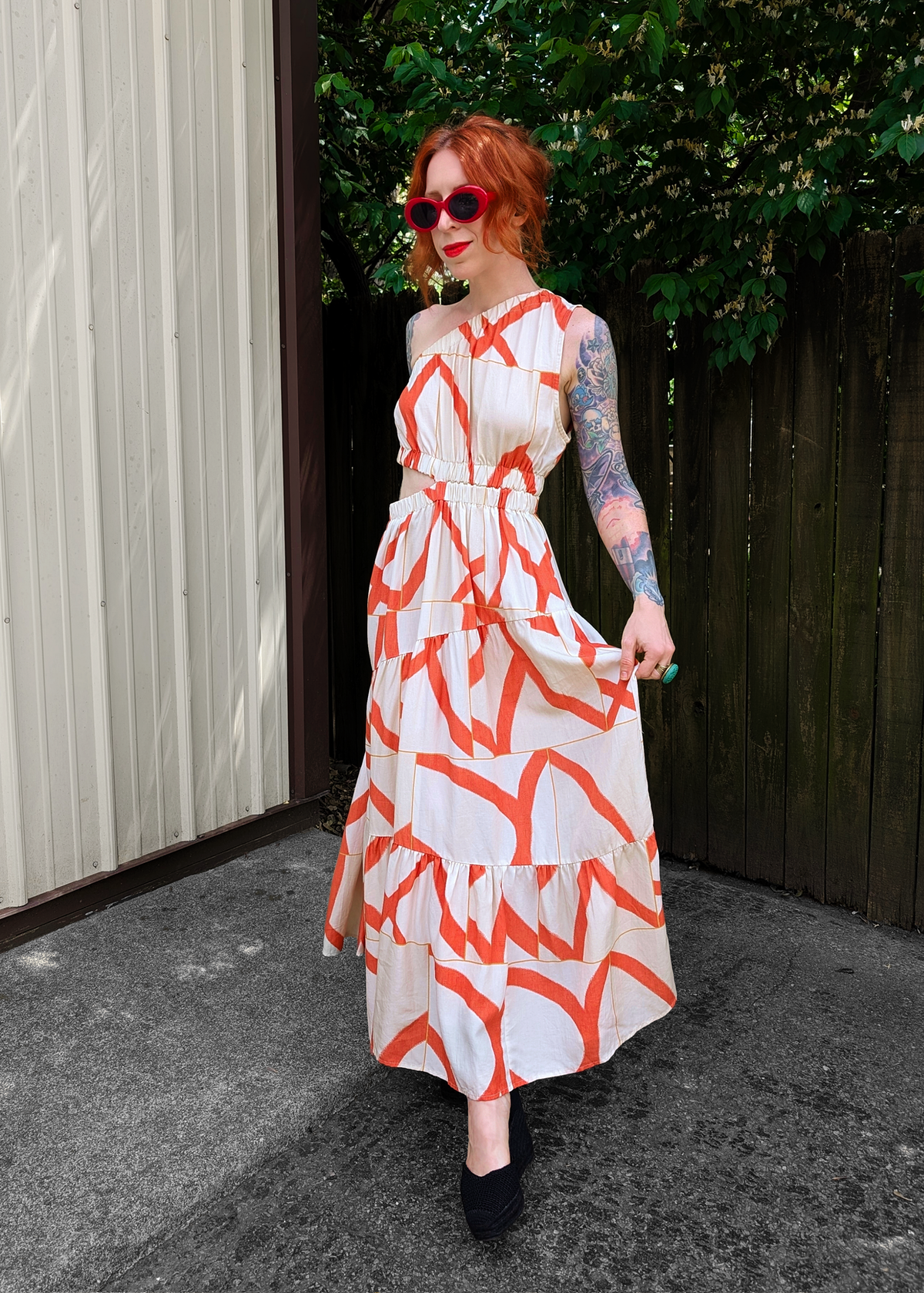 Yasmin One Shoulder Midi-Maxi Dress in Biege/Abstract Orange by Little Lies S Yasmin One Shoulder Midi-Maxi Dress in Biege/Abstract Orange by Little Lies S