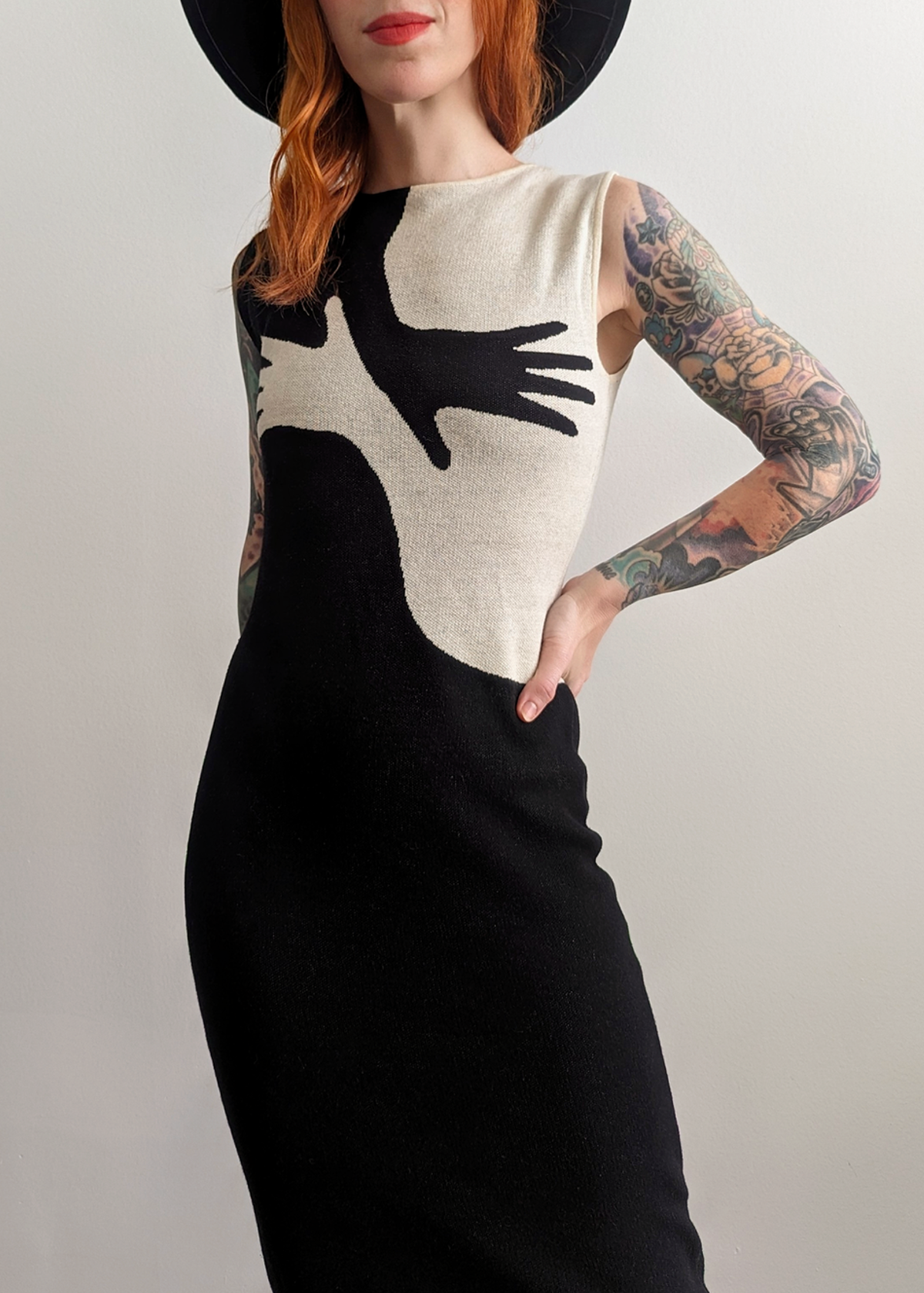 Another Girl Organic Cotton Handsy Knit Midi Dress with Hand Design in Black and Ivory
