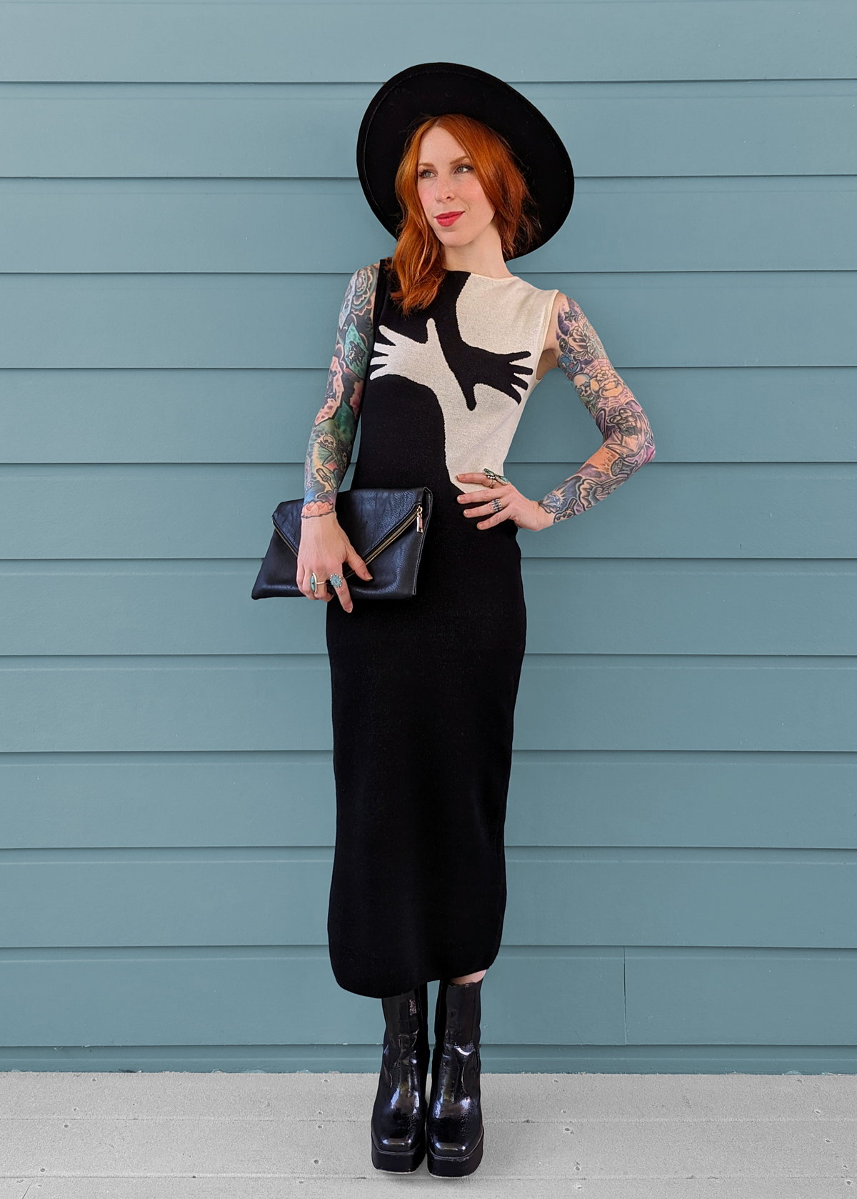 Another Girl Organic Cotton Handsy Knit Midi Dress with Hand Design in Black and Ivory