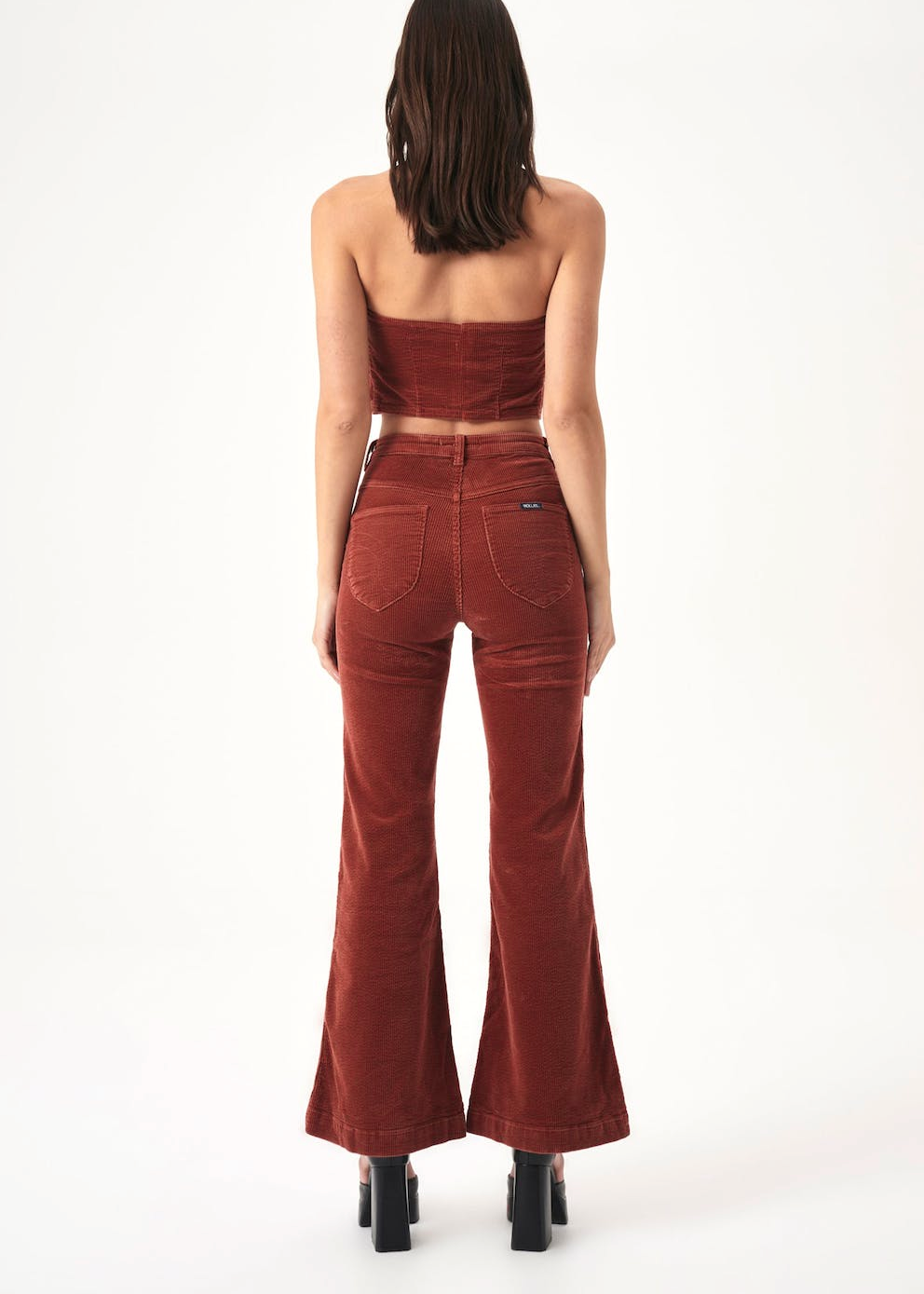 70s inspired Brick Red Stretch Corduroy Eastcoast Flares with high rise waist and patch front pockets by Rolla's Jeans