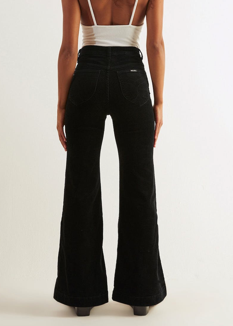 Rolla's Jeans Black Velvet Corduroy Eastcoast Flares: 70s inspired bell bottoms with a high rise waist, wide wale corduroy and a flare leg.