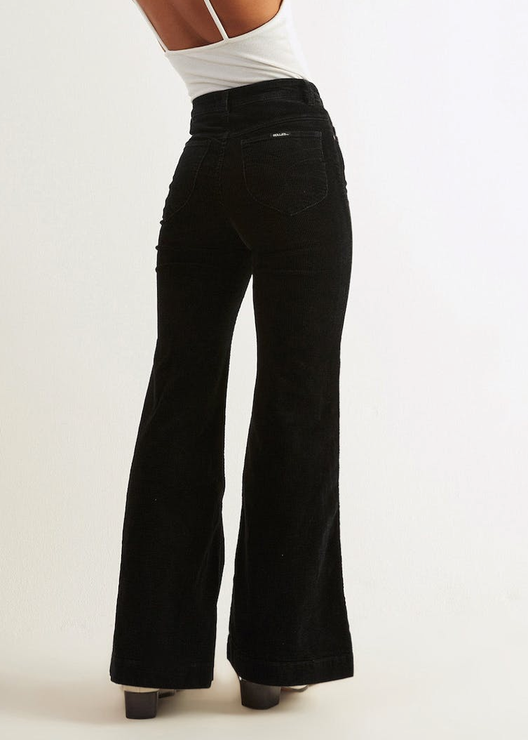 Rolla's Jeans Black Velvet Corduroy Eastcoast Flares: 70s inspired bell bottoms with a high rise waist, wide wale corduroy and a flare leg.