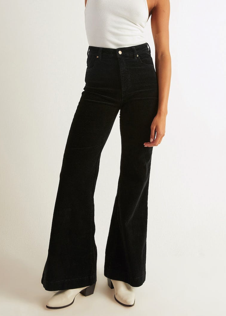 Rolla's Jeans Black Velvet Corduroy Eastcoast Flares: 70s inspired bell bottoms with a high rise waist, wide wale corduroy and a flare leg.