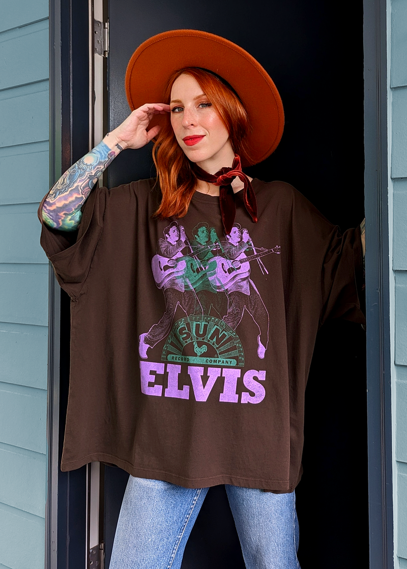 Elvis Sun Records oversized One Size tee in coffee brown with purple and green, by Daydreamer LA, officially licensed and made in California