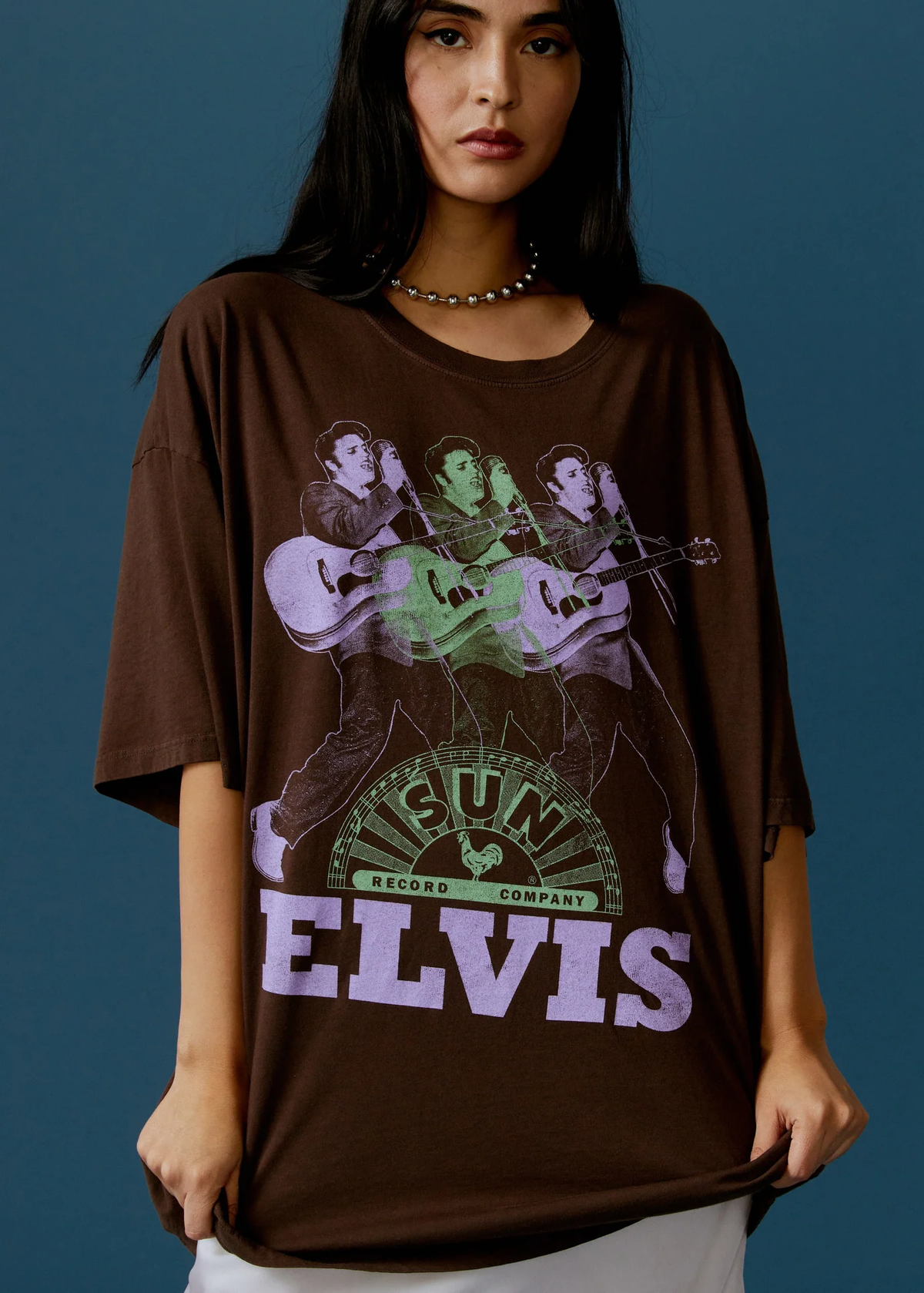 Elvis Sun Records oversized One Size tee in coffee brown with purple and green, by Daydreamer LA, officially licensed and made in California