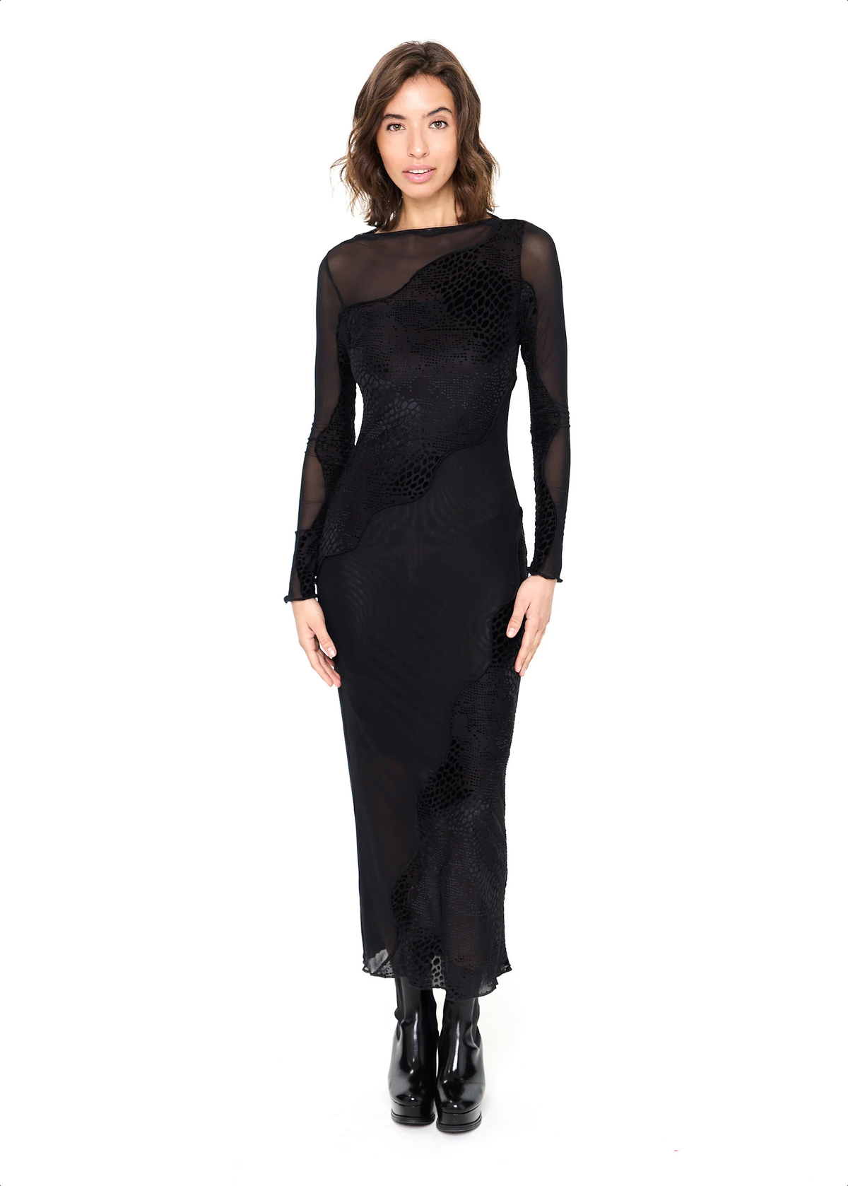 Black Gothic Slinky Stretch Mesh and Flocked Crocodile Expose Velvet Panel Long Sleeve Maxi Dress by Another Girl UK, ethically made with recycled materials