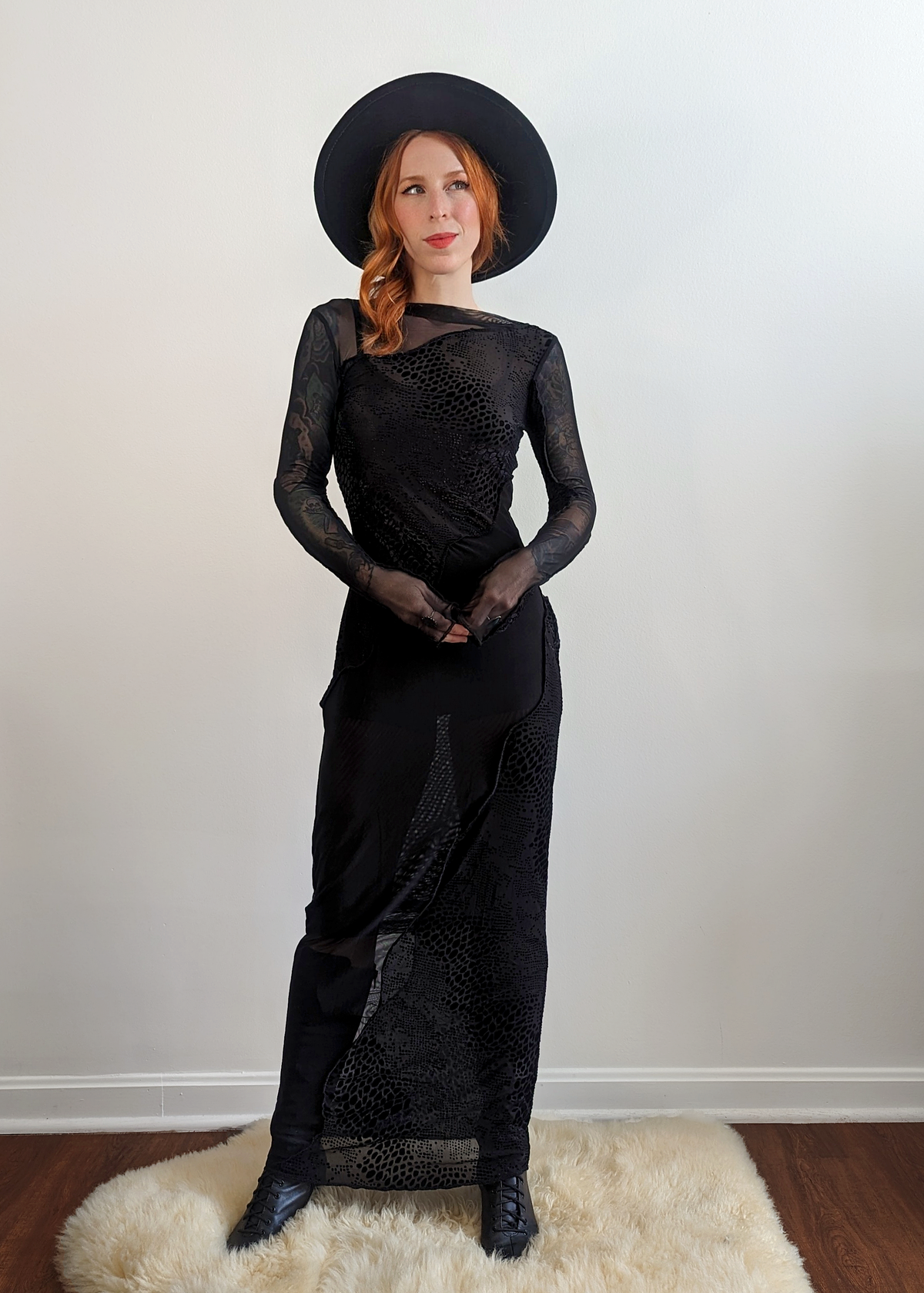 Black Gothic Slinky Stretch Mesh and Flocked Crocodile Expose Velvet Panel Long Sleeve Maxi Dress by Another Girl UK, ethically made with recycled materials