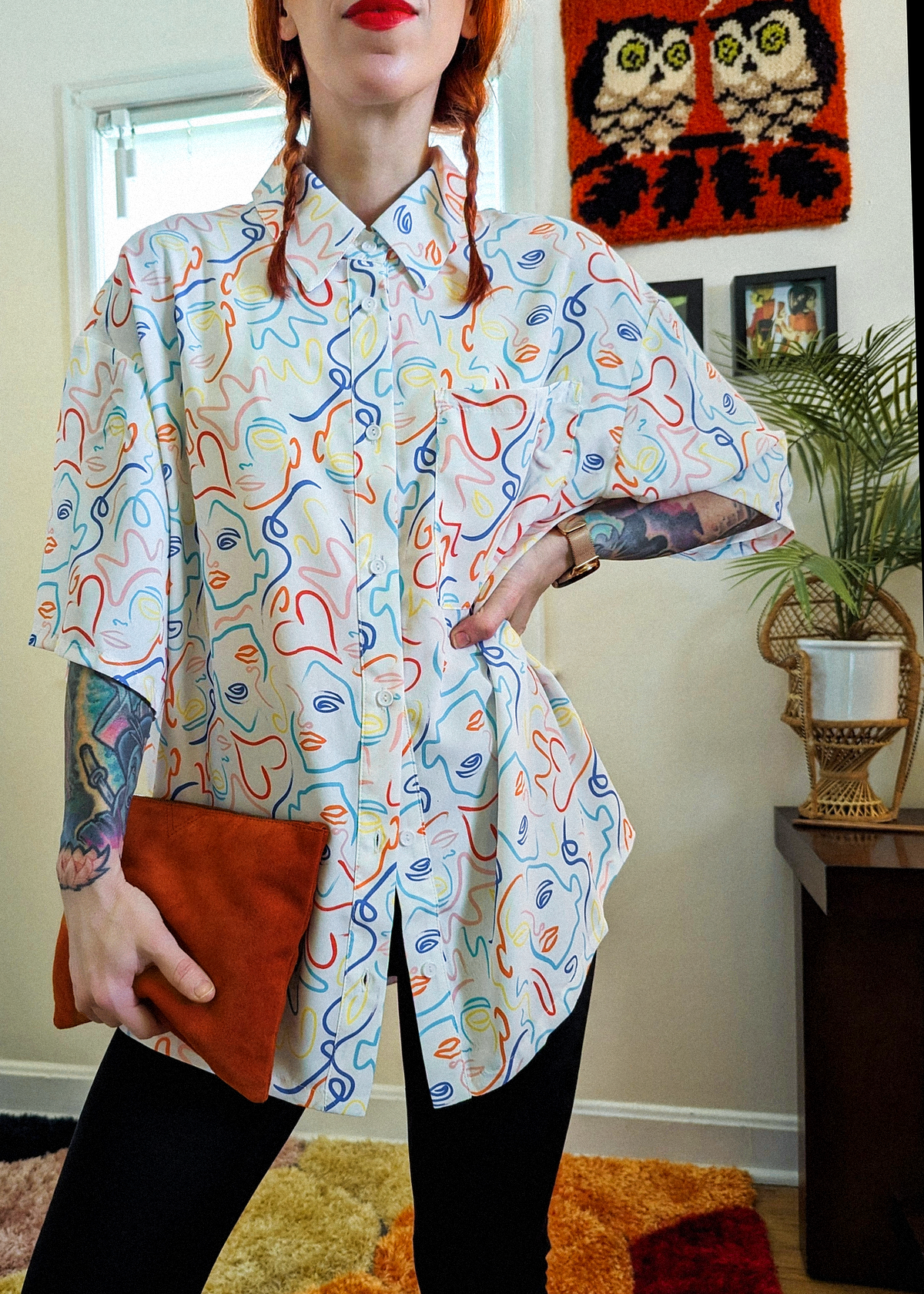 80s style abstract faces oversized collared button down shirt in multi-color print by Glamorous UK