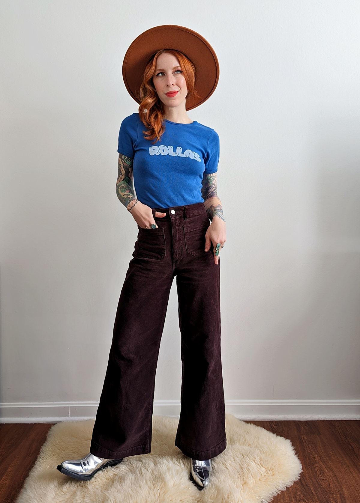 70s inspired Fig Burgundy Purple Corduroy Sailor Wide Leg Ankle Length Crop Pants with patch front pockets by Rolla's Jeans