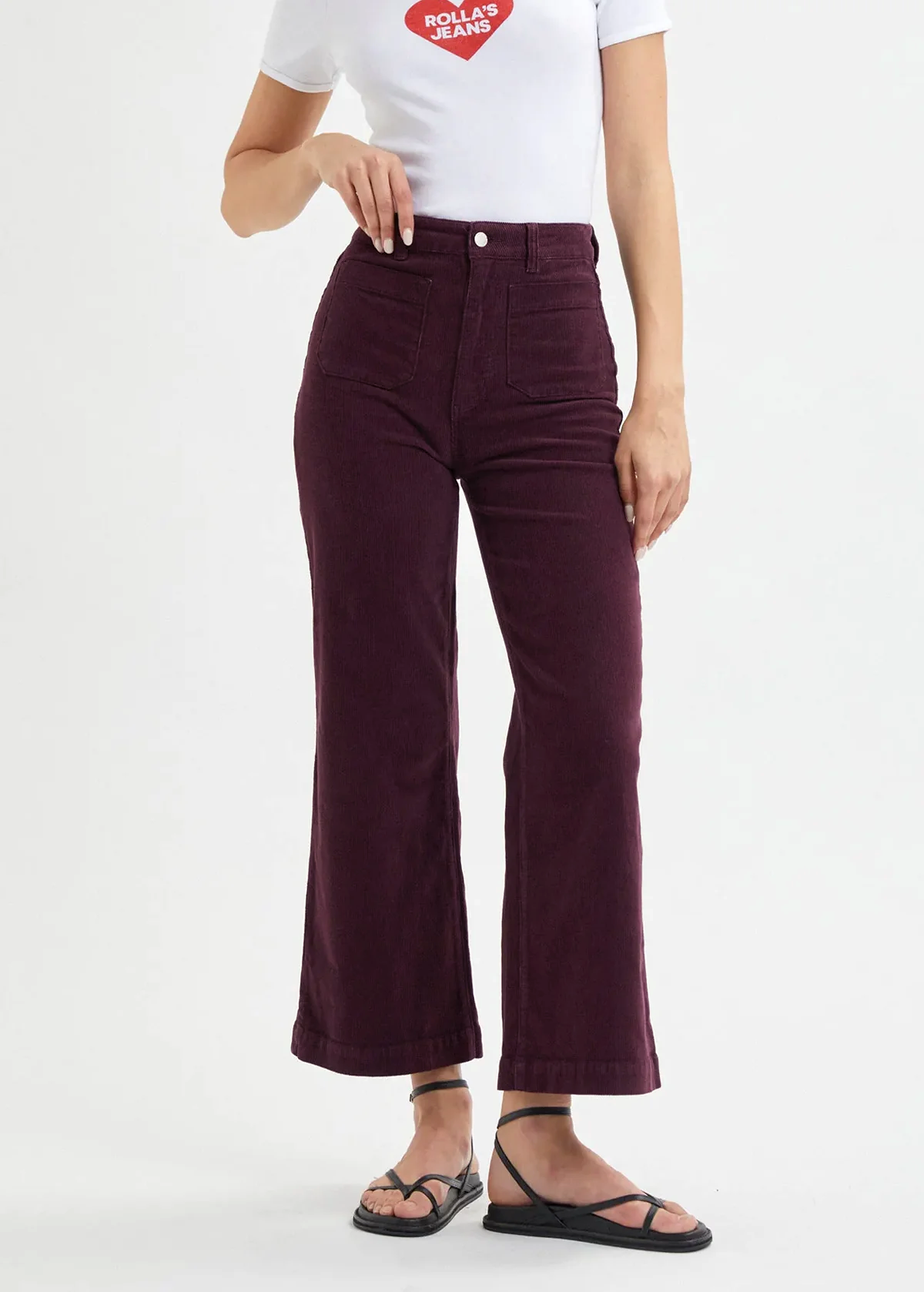 70s inspired Fig Burgundy Purple Corduroy Sailor Wide Leg Ankle Length Crop Pants with patch front pockets by Rolla's Jeans