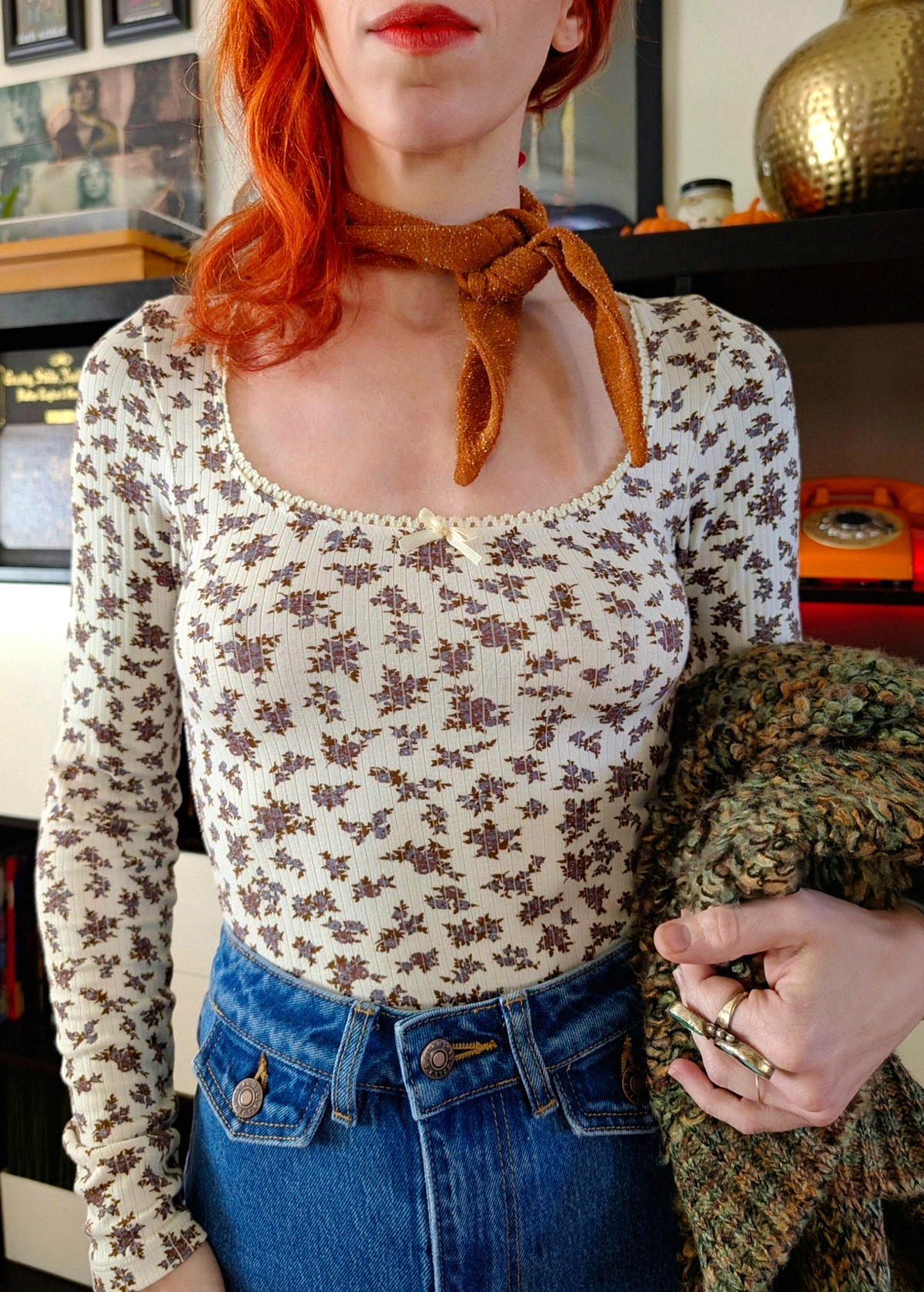 Cream Ditsy Floral Picot Trim Rib Tee