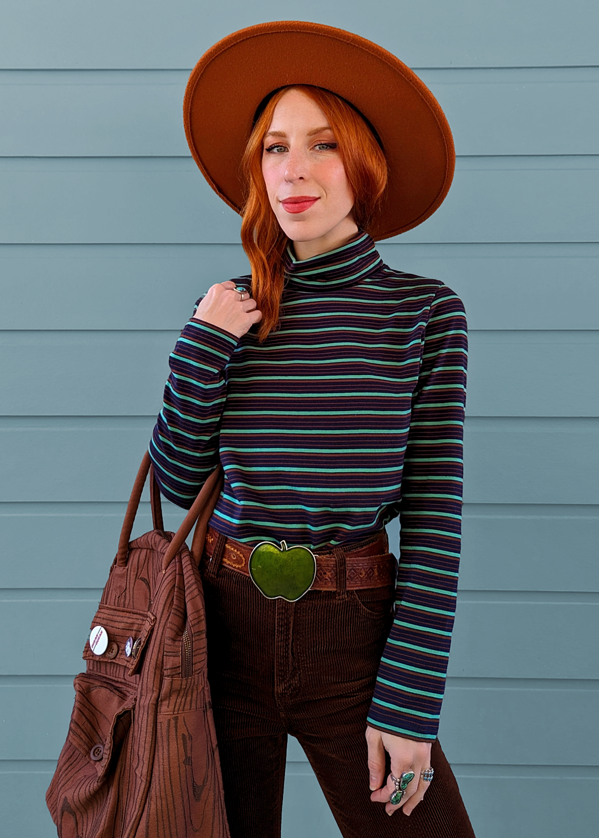 70s inspired slouchy fit long sleeve cotton turtleneck tee with brown, navy, and teal stripes, by Nice Things by Paloma S