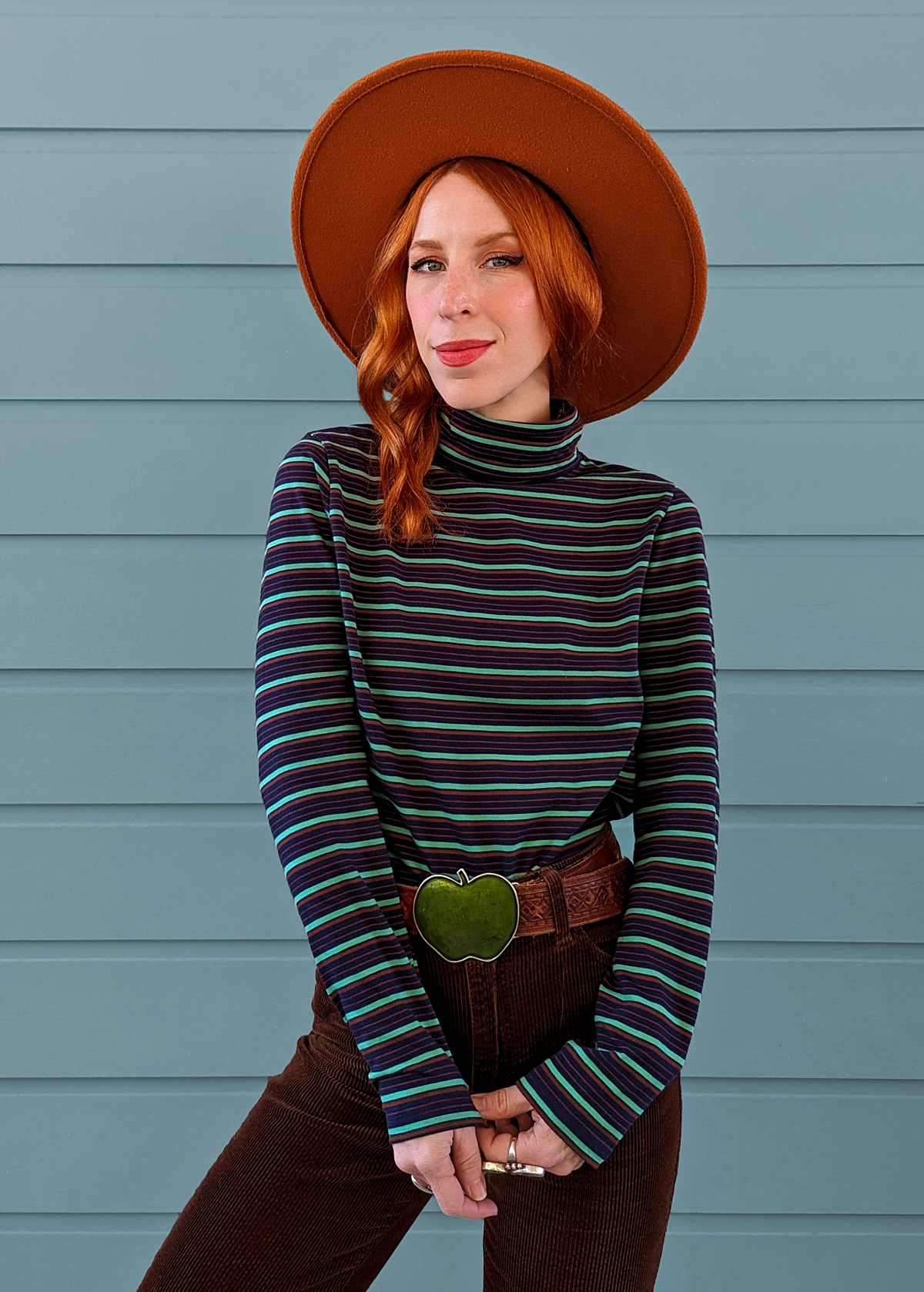 70s inspired slouchy fit long sleeve cotton turtleneck tee with brown, navy, and teal stripes, by Nice Things by Paloma S