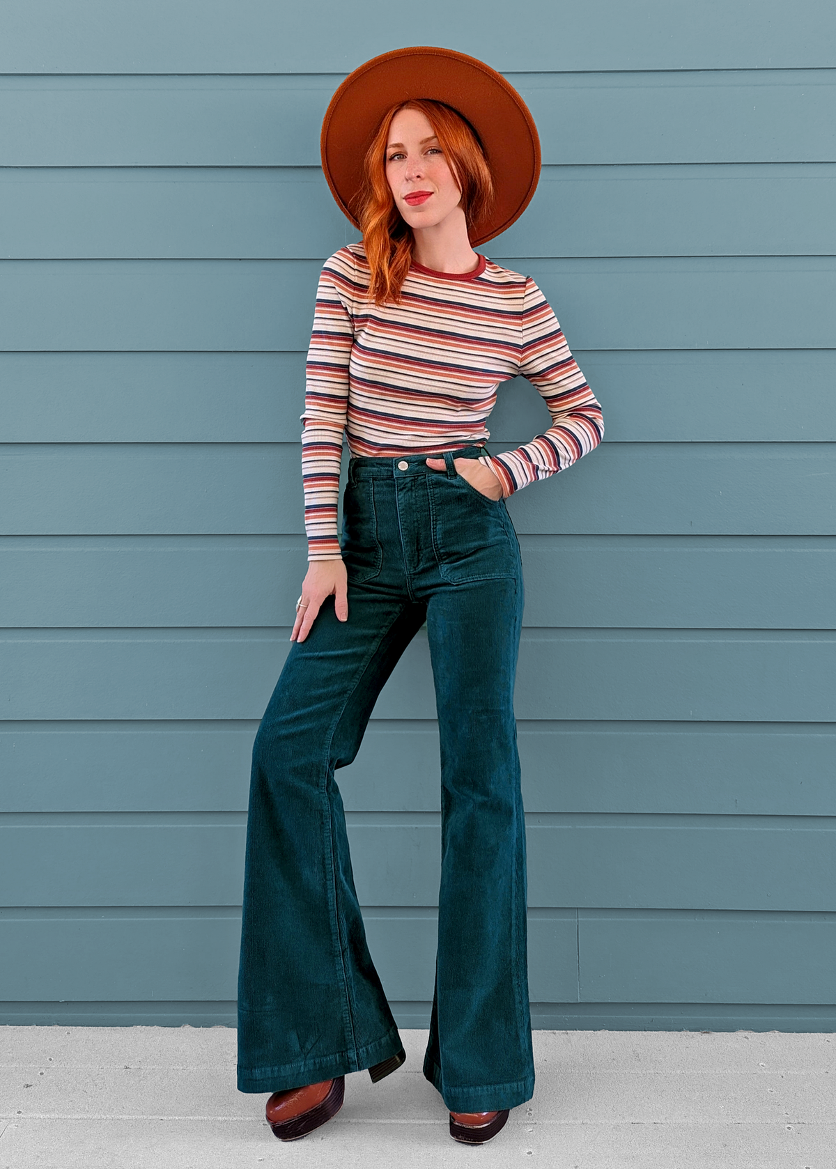 70s inspired Forest Green Teal Blue Corduroy Eastcoast Flares with high rise waist by Rolla's Jeans