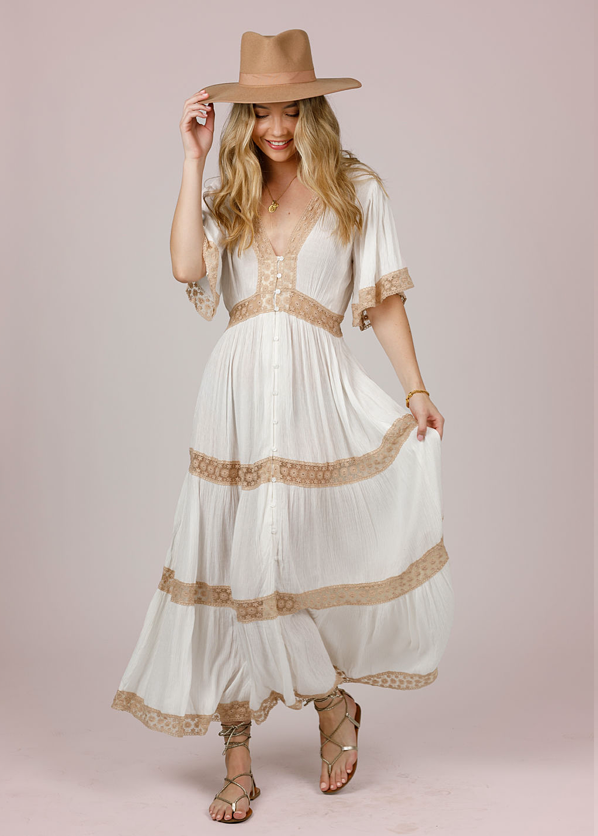 70s inspired Laurel Canyon Ivory Gauze and Lace Prairie Midi Maxi Dress by Band of the Free 