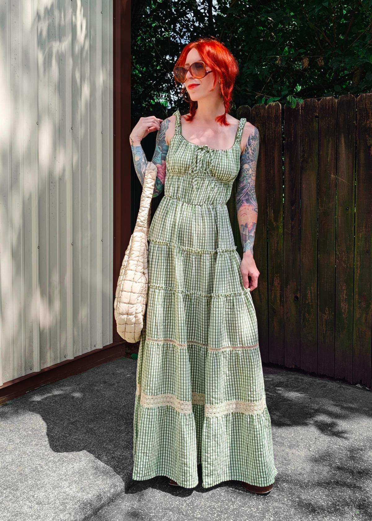 Green Gingham Milkmaid Maxi Dress