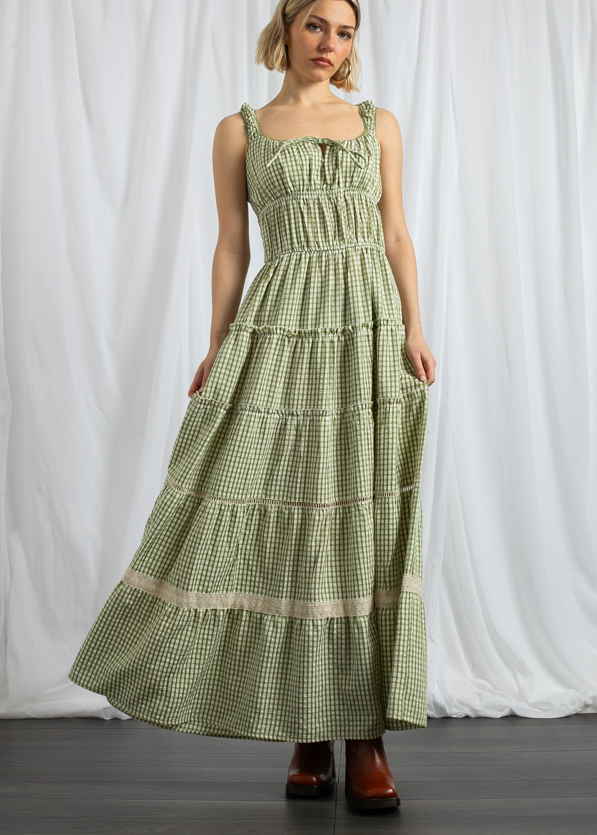 Green Gingham Tiered Milkmaid Maxi Dress by Daisy Street Black Salt Green Gingham Tiered Milkmaid Maxi Dress by Daisy Street Black Salt