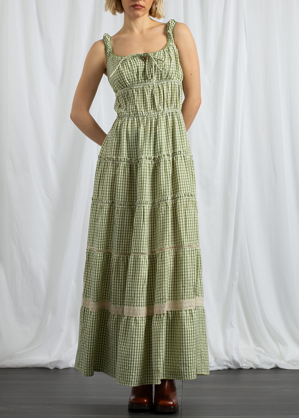 Green Gingham Tiered Milkmaid Maxi Dress by Daisy Street Black Salt Green Gingham Tiered Milkmaid Maxi Dress by Daisy Street Black Salt