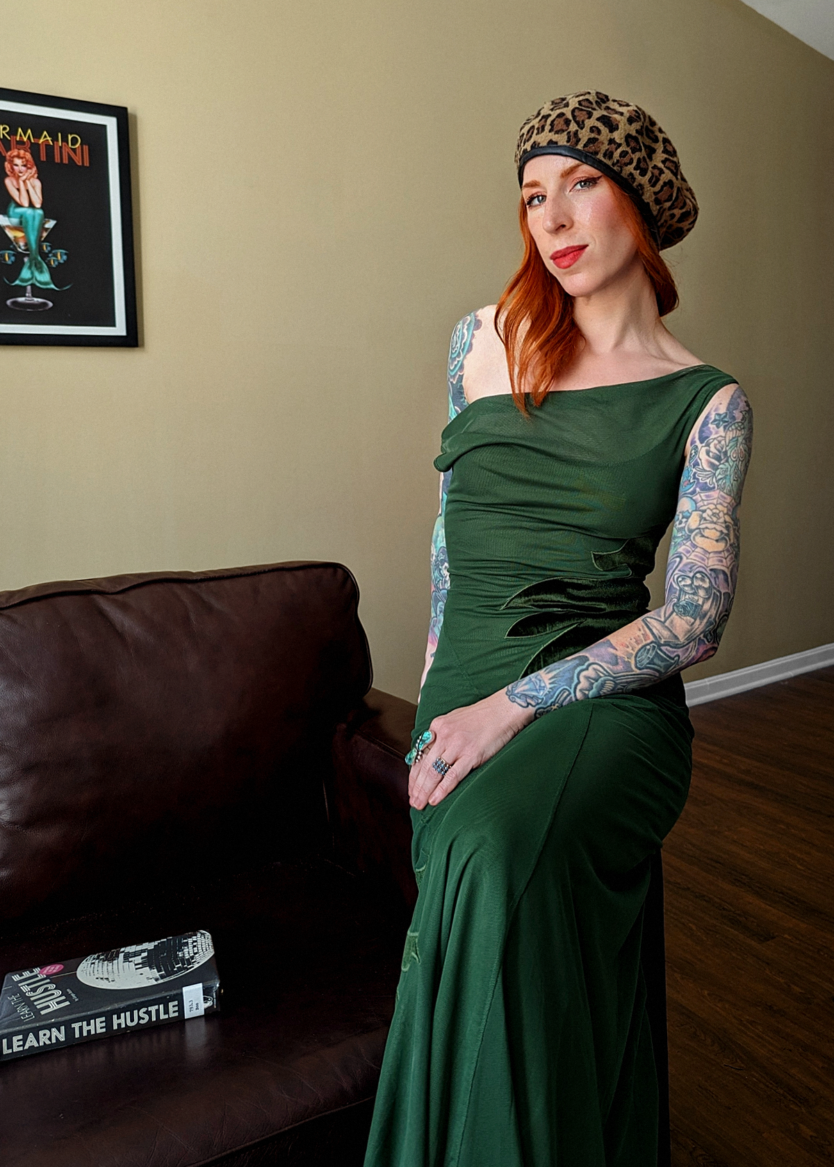 90s inspired romantic slinky stretch green mesh bias cut maxi dress with green velvet blaze accents. Off or on shoulder design. By Another Girl, ethical sustainable, and made with recycled materials