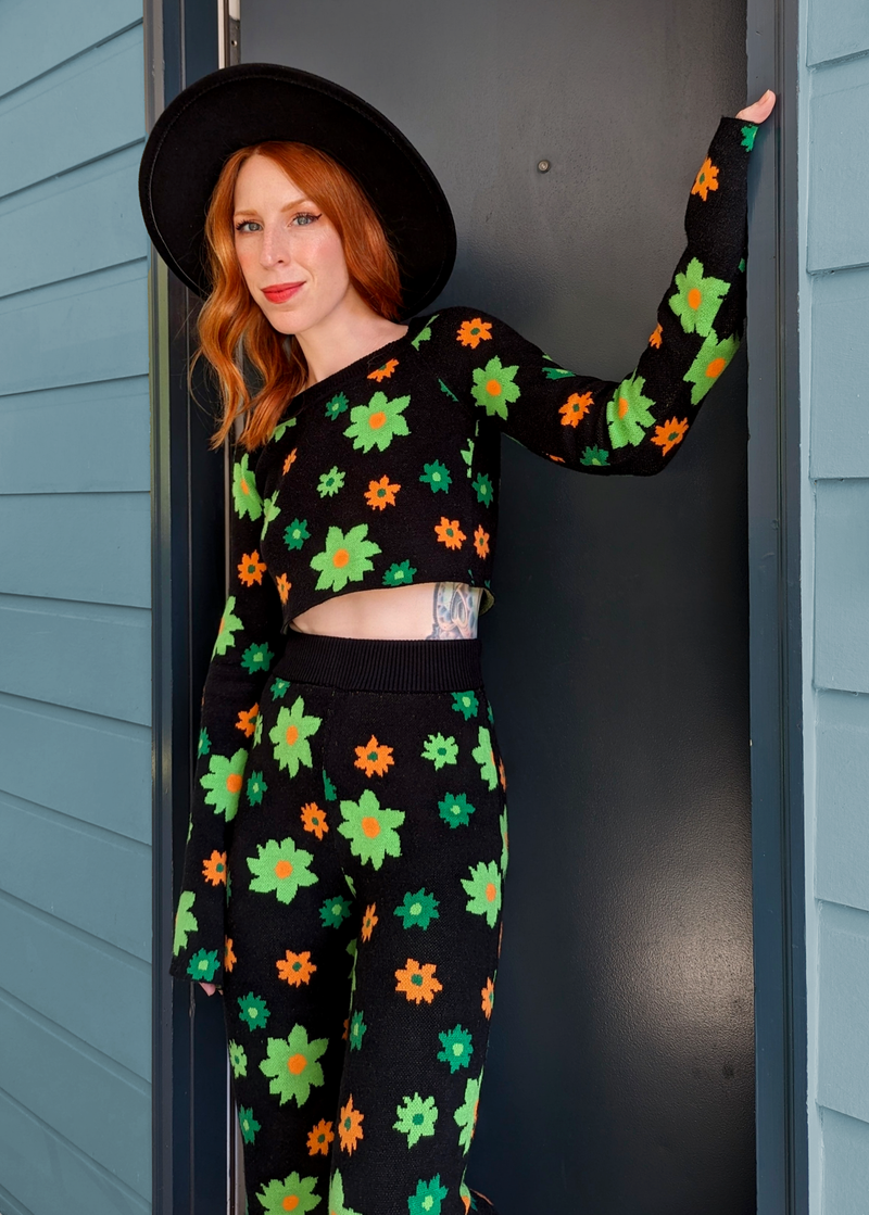 Midnight Garden Bell Sleeve Knit Crop Top