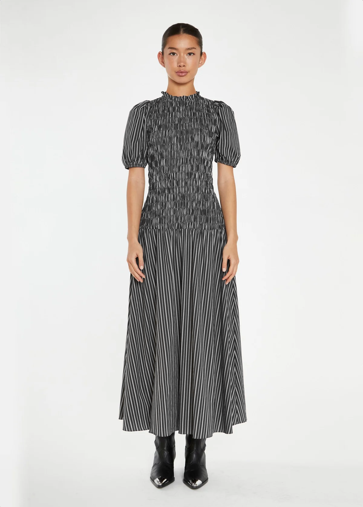 Winter River Grey Stripe Puff Sleeve Prairie Midi Maxi Dress by Glamorous Black Salt Winter River Grey Stripe Puff Sleeve Prairie Midi Maxi Dress by Glamorous Black Salt
