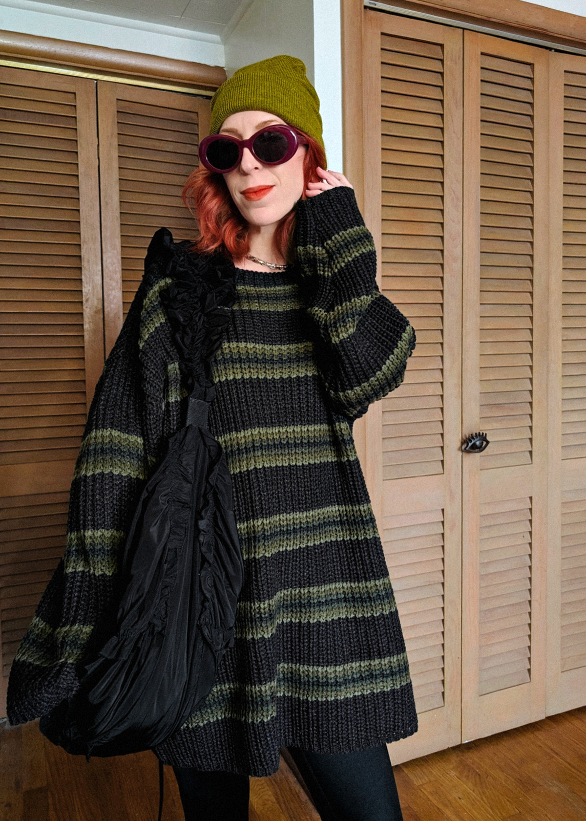 Idol Charcoal and Olive Green Stripe Oversized Knit Grunge Tunic Sweater Dress by Ragged Priest S Idol Charcoal and Olive Green Stripe Oversized Knit Grunge Tunic Sweater Dress by Ragged Priest S