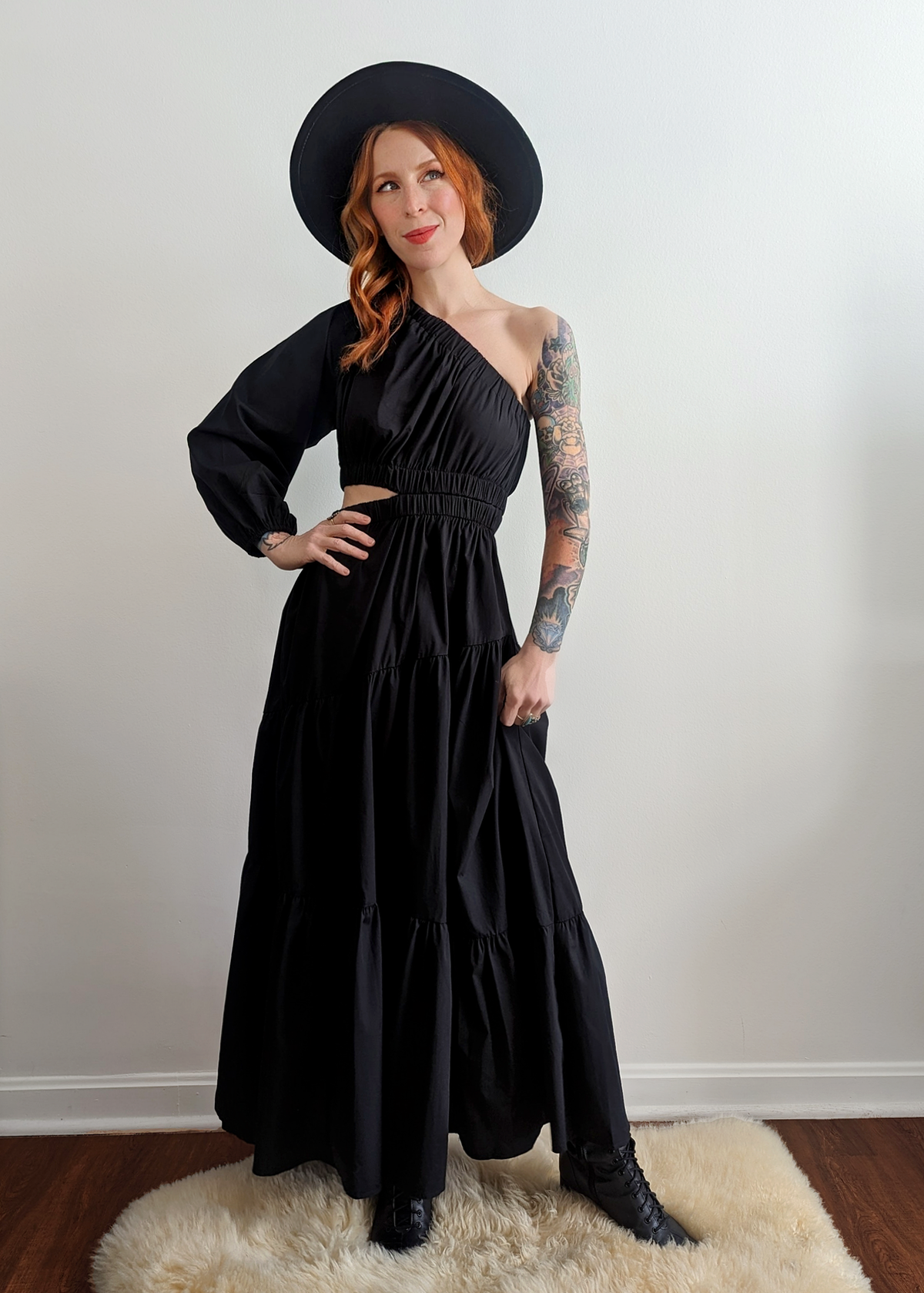 Black One-Sleeve Asymmetric Midi Maxi Dress with tiered skirt by Little Lies 