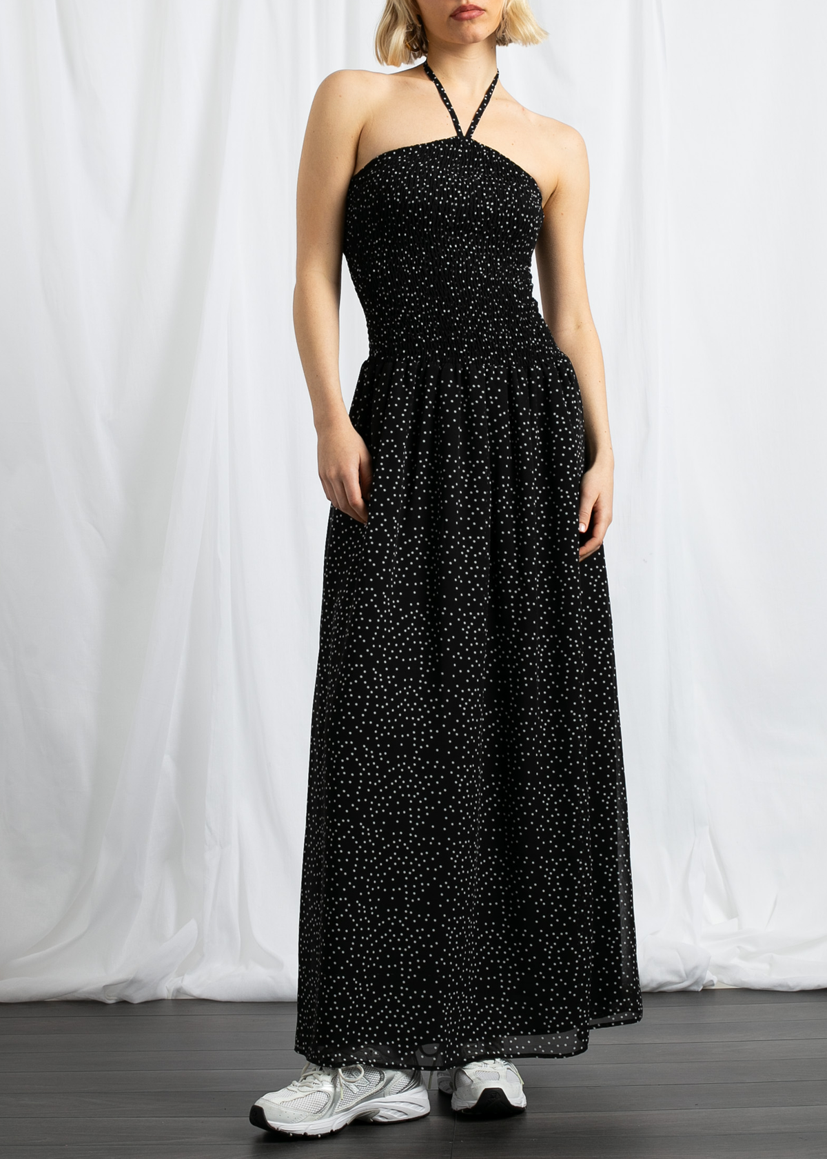Black and White Polka Dot Shirred Halter Maxi Dress by Daisy Street S Black and White Polka Dot Shirred Halter Maxi Dress by Daisy Street S